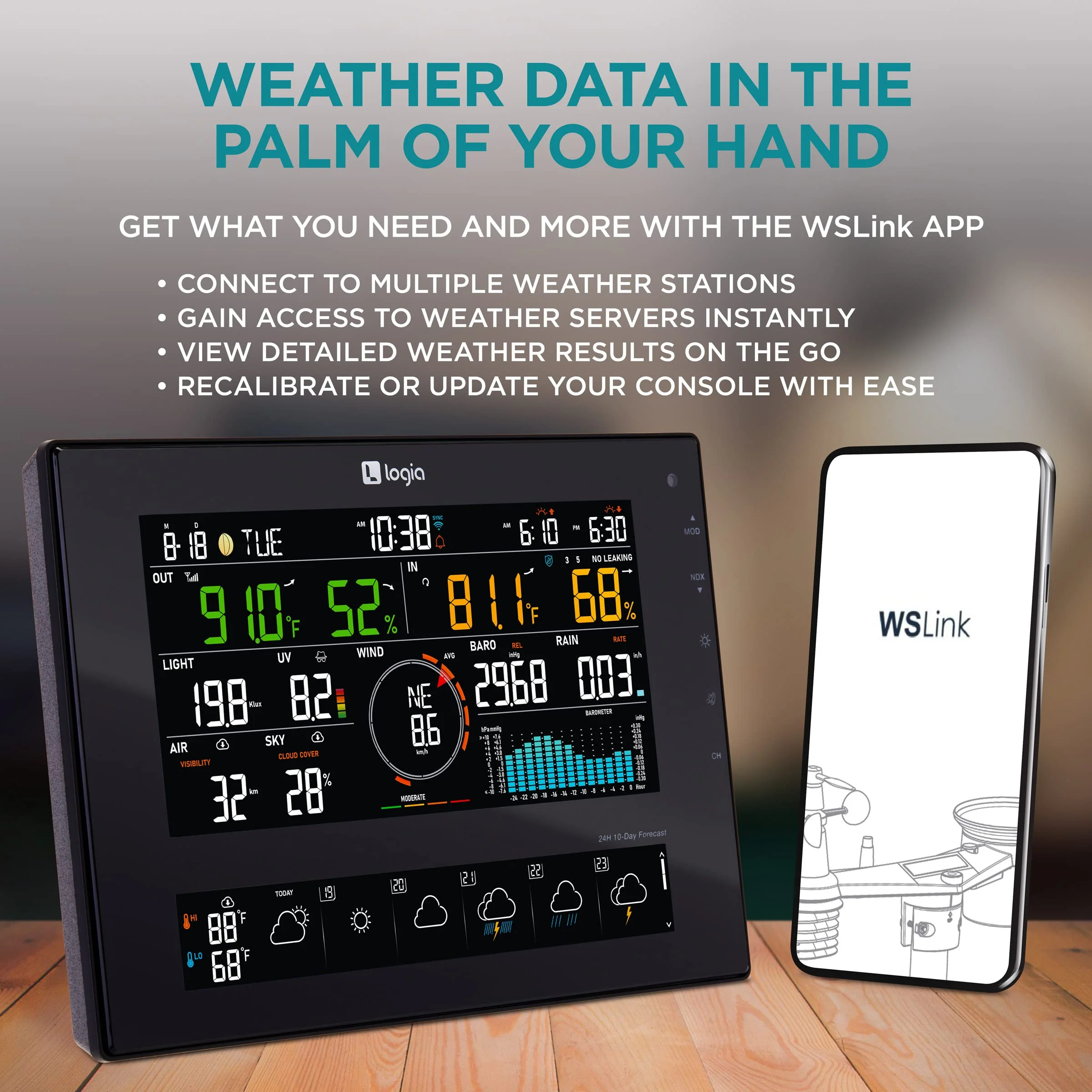 Logia 7-in-1 WiFi Wireless Weather Station with 10-Day Forecast, Solar & Large 8" LED Display - Image 4