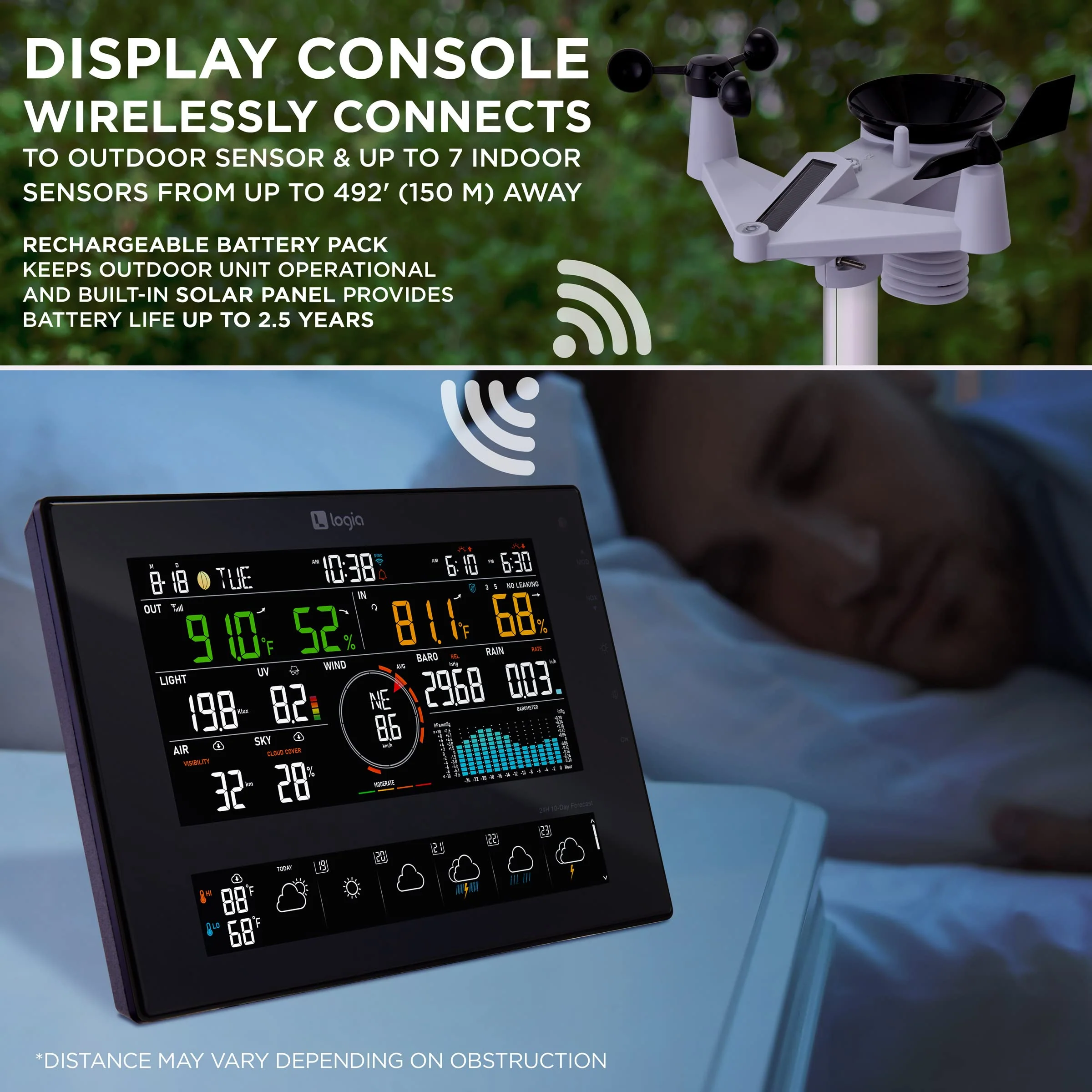 Logia 7-in-1 WiFi Wireless Weather Station with 10-Day Forecast, Solar & Large 8" LED Display - Image 5
