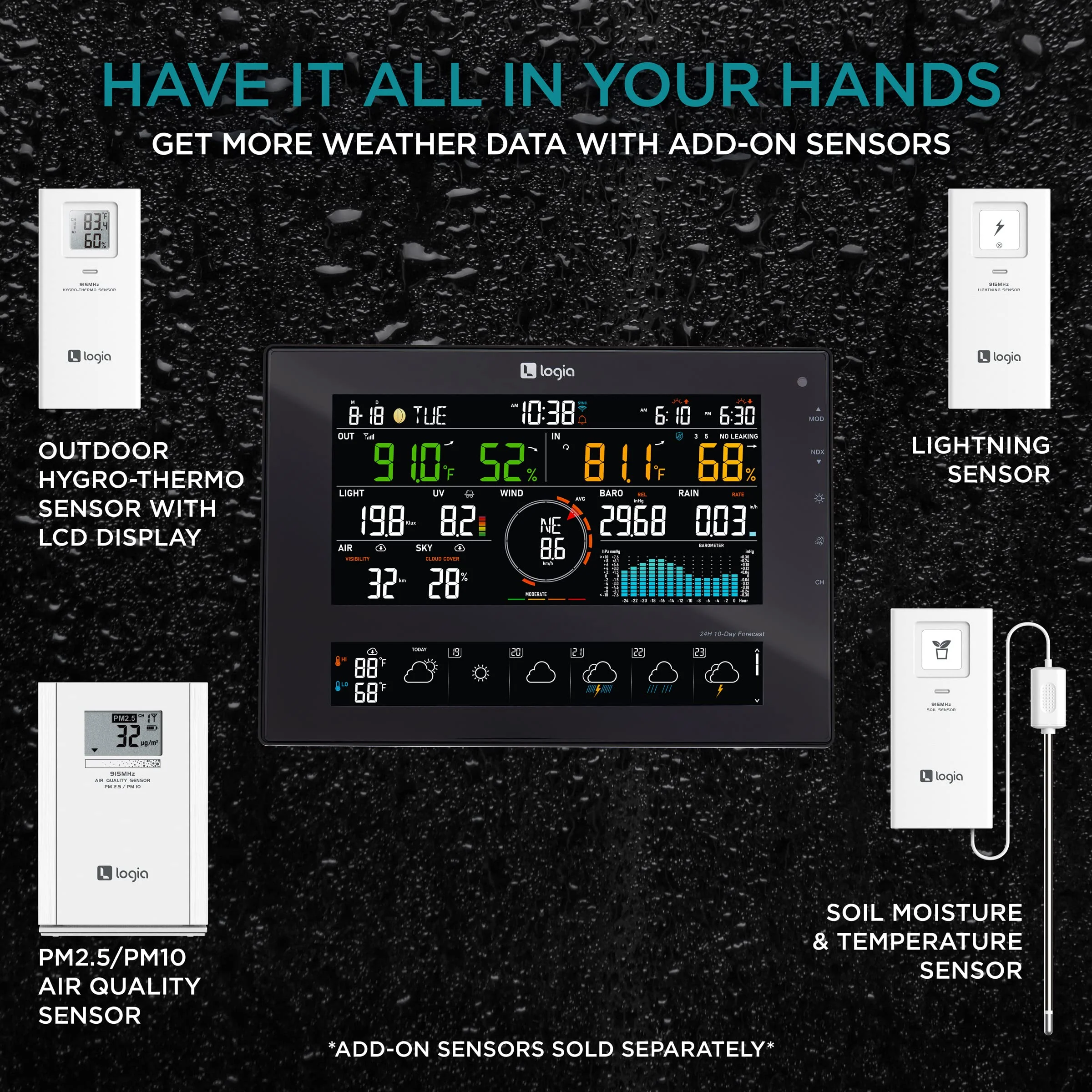 Logia 7-in-1 WiFi Wireless Weather Station with 10-Day Forecast, Solar & Large 8" LED Display - Image 7