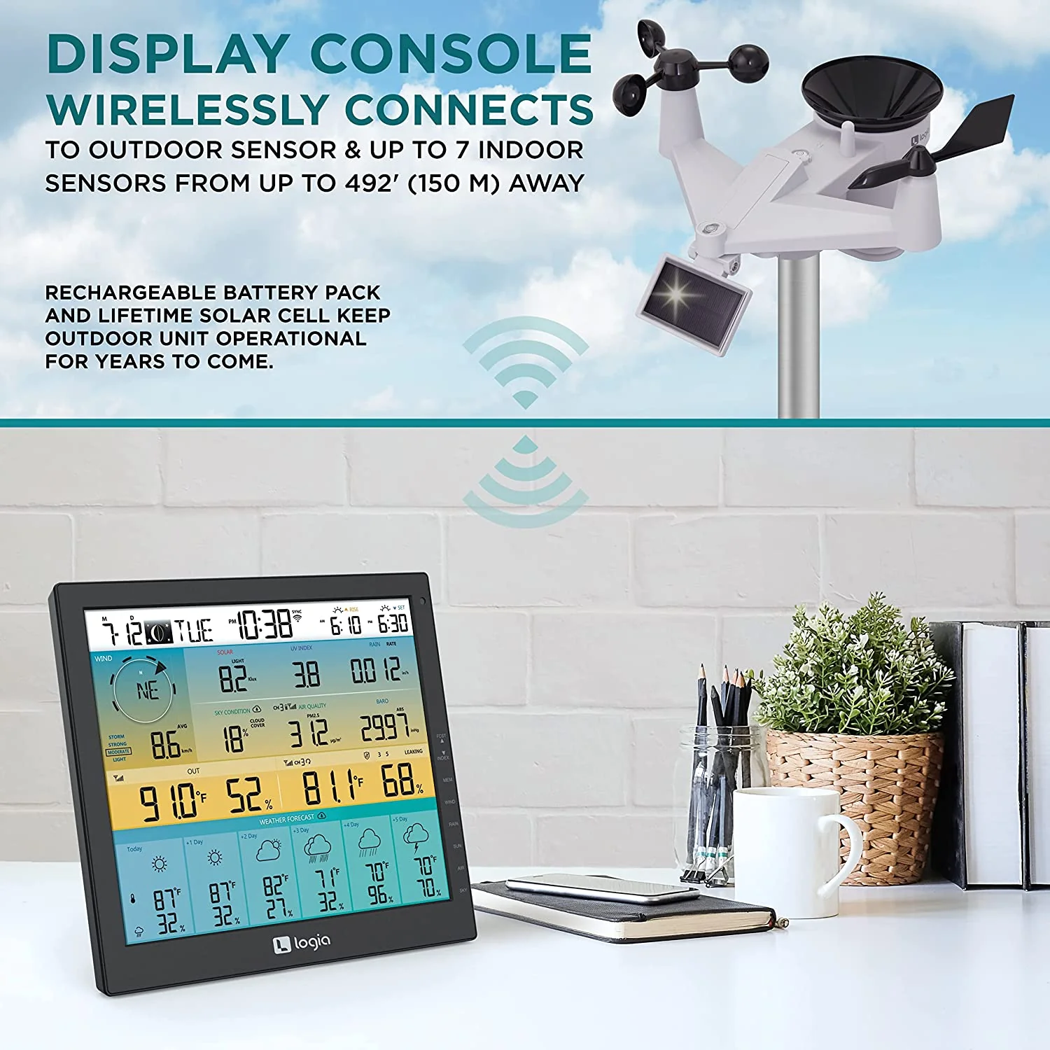 7-in-1 Wireless Weather Station with 6-Day Forecast, Wi-Fi, Solar Cell & Large Color Display Console - Image 6