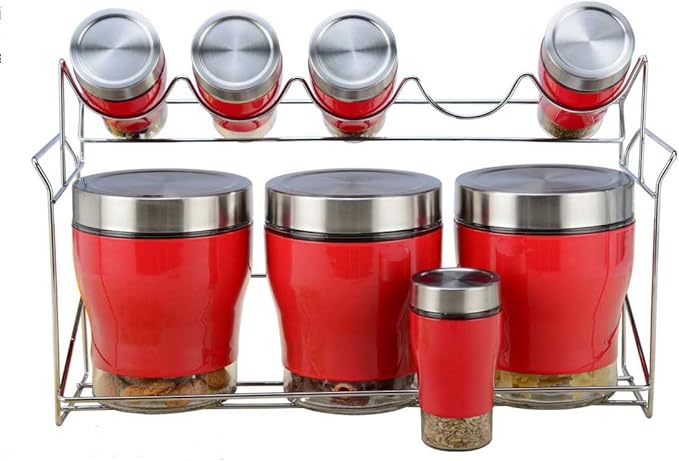 Jumbl 9 Piece Stainless Steel Red Color And Glass Kitchen Counter Storage and Spice Jar Rack Set - Image 2