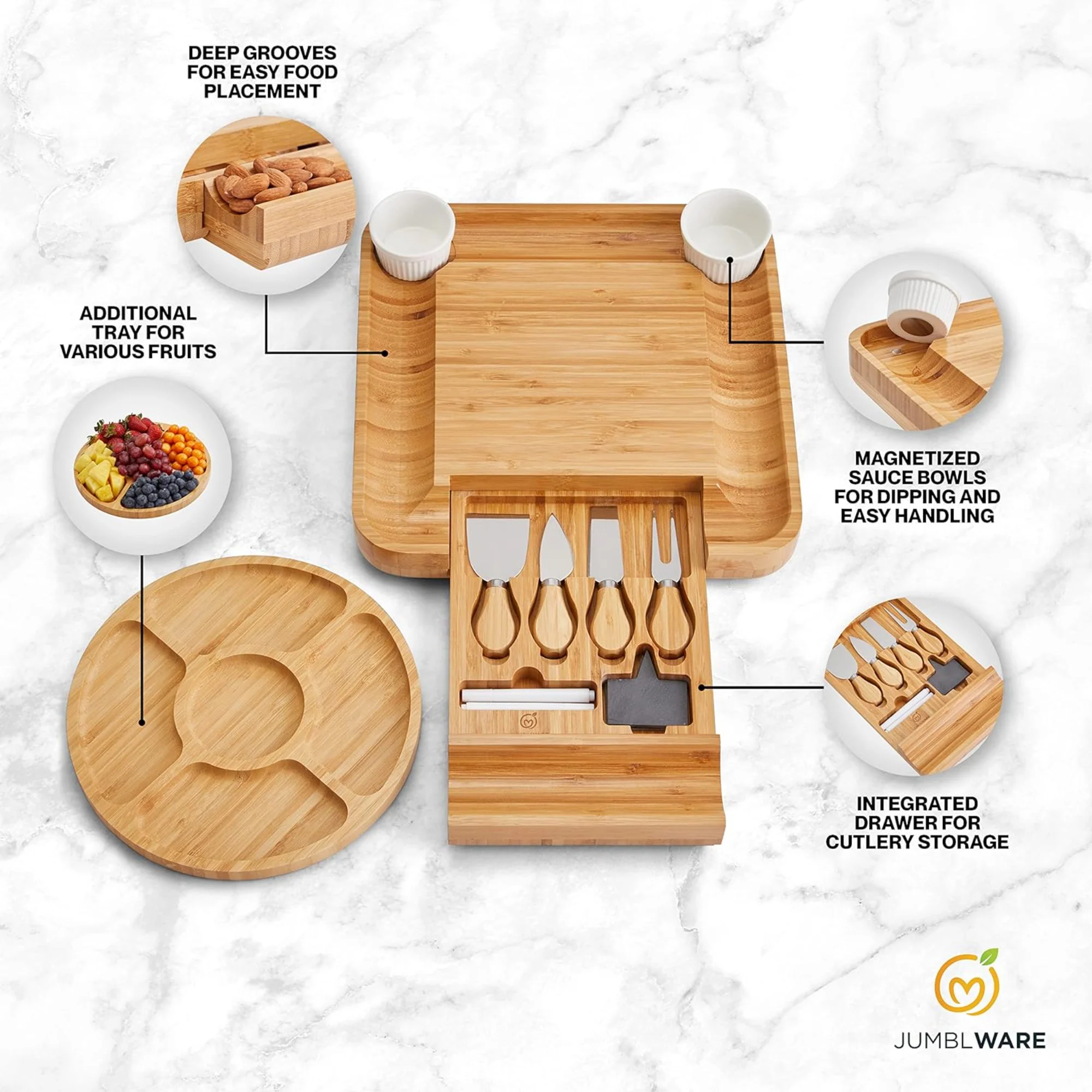 JumblWare Bamboo Cheese Board and Fruit Platter, Wooden Meat and Cheese Tray with Knife Set - Image 3