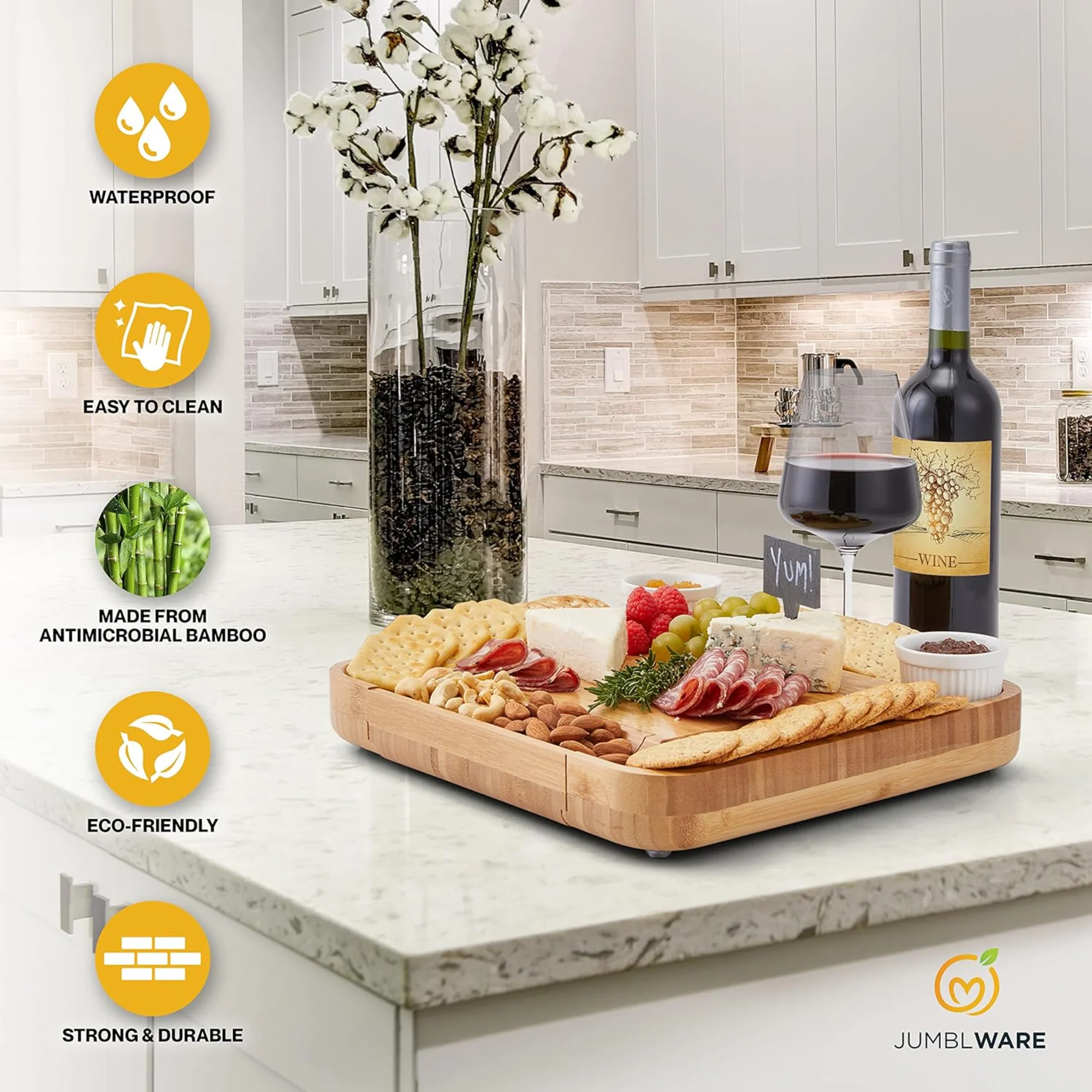 JumblWare Bamboo Cheese Board and Fruit Platter, Wooden Meat and Cheese Tray with Knife Set - Image 4