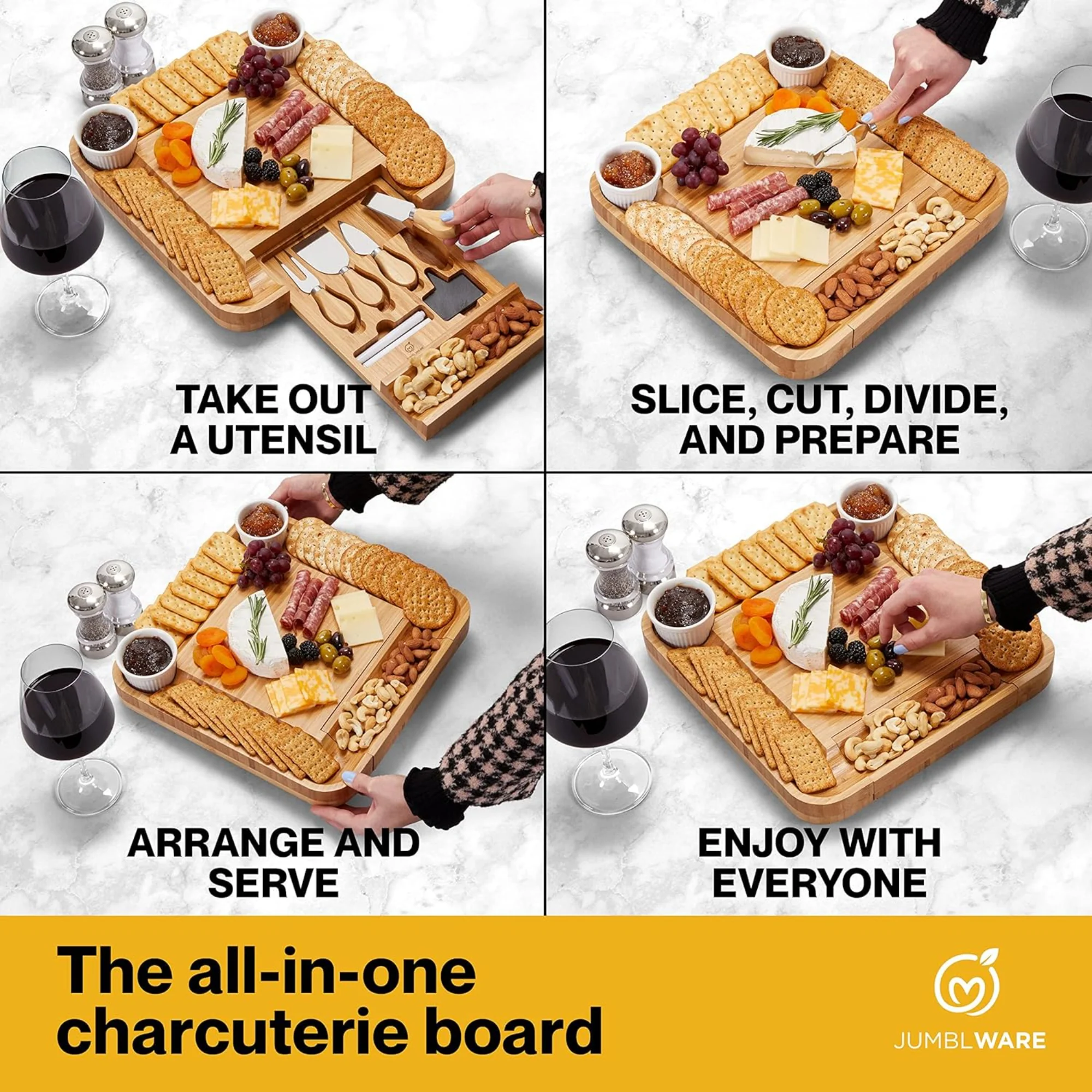 JumblWare Bamboo Cheese Board and Fruit Platter, Wooden Meat and Cheese Tray with Knife Set - Image 5