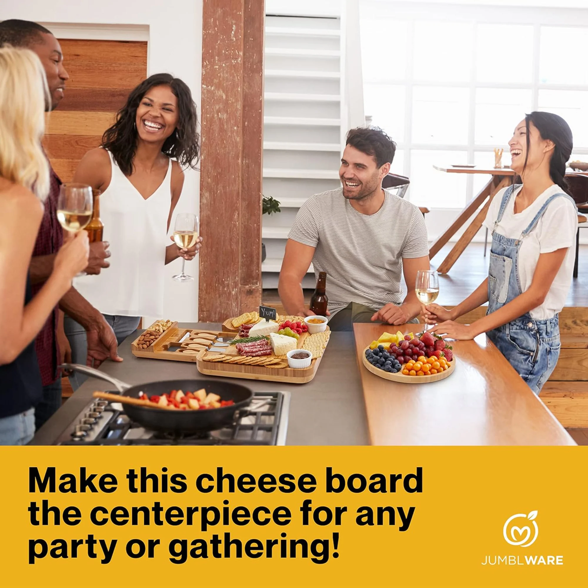 JumblWare Bamboo Cheese Board and Fruit Platter, Wooden Meat and Cheese Tray with Knife Set - Image 6