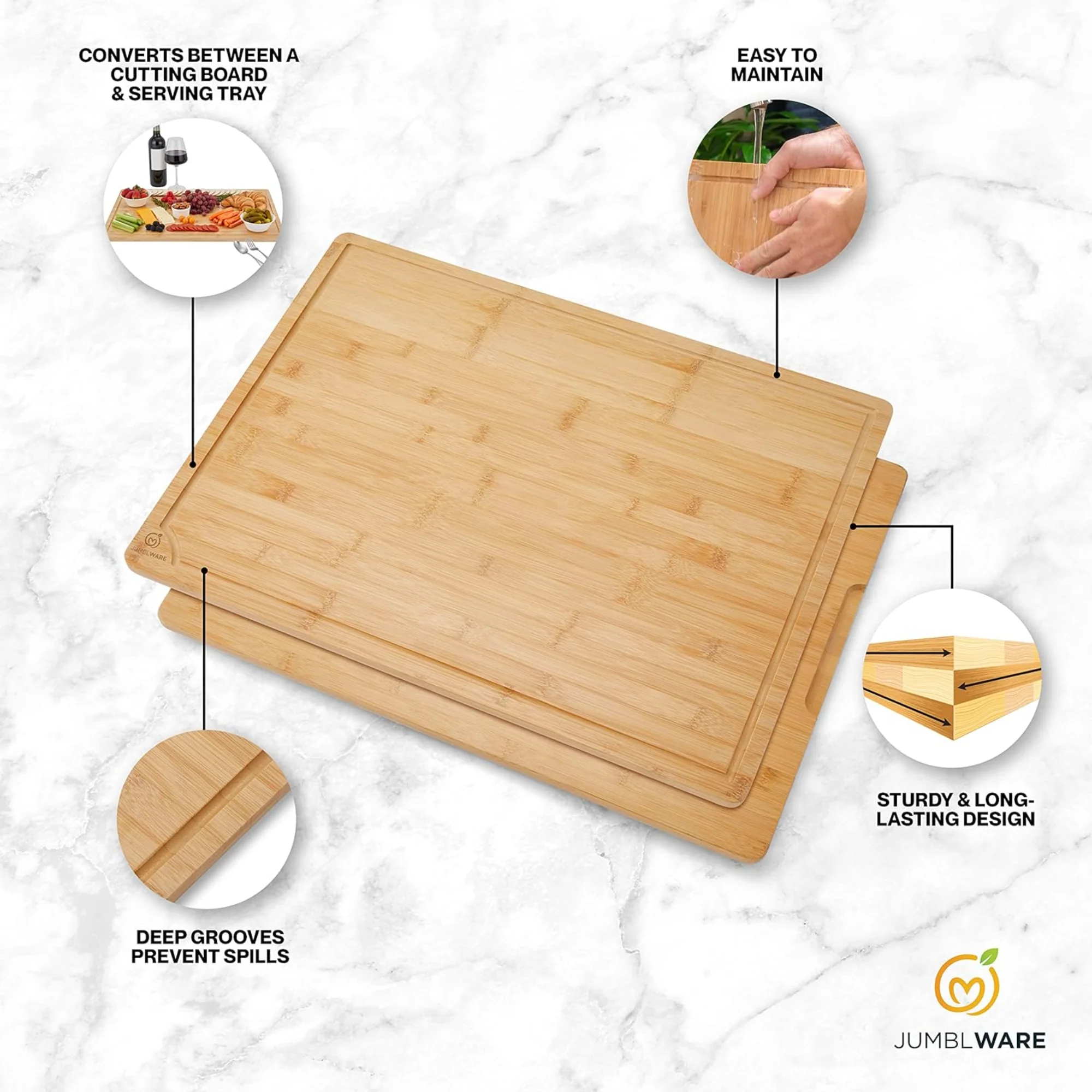 JumblWare Bamboo Cutting Board, 24” x 18” Large Wooden Chopping Block Tray with Handles - Image 3