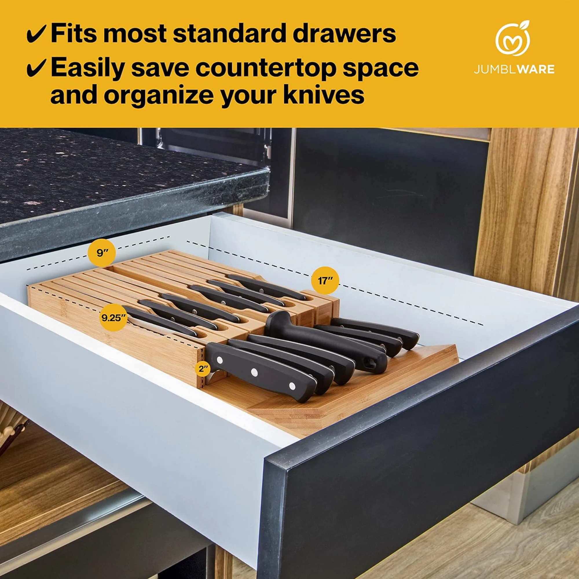 JumblWare Bamboo Knife Block, In-Drawer Knife Drawer Organizer Fits 16 Steak Knives & Sharpener - Image 3