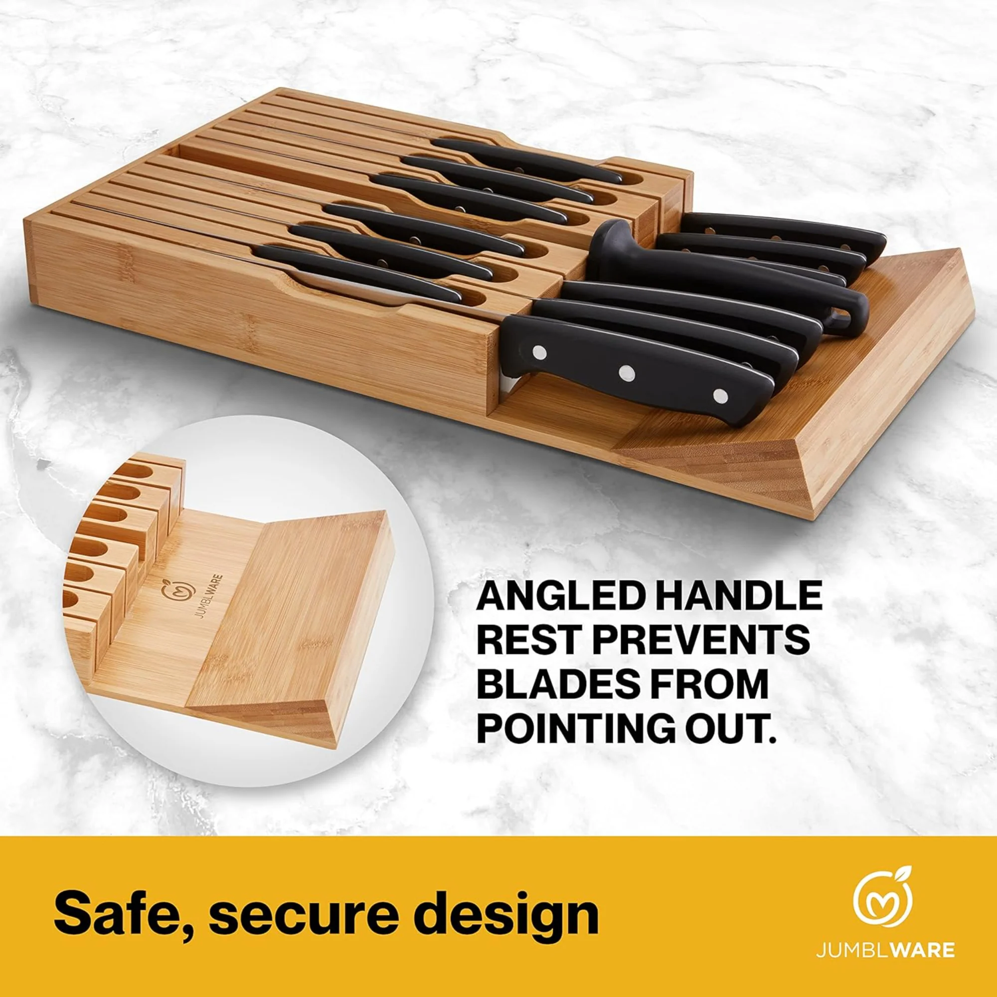 JumblWare Bamboo Knife Block, In-Drawer Knife Drawer Organizer Fits 16 Steak Knives & Sharpener - Image 4