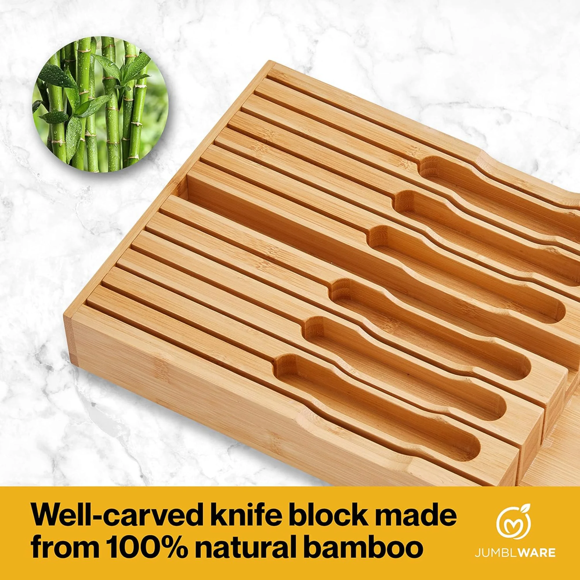 JumblWare Bamboo Knife Block, In-Drawer Knife Drawer Organizer Fits 16 Steak Knives & Sharpener - Image 5