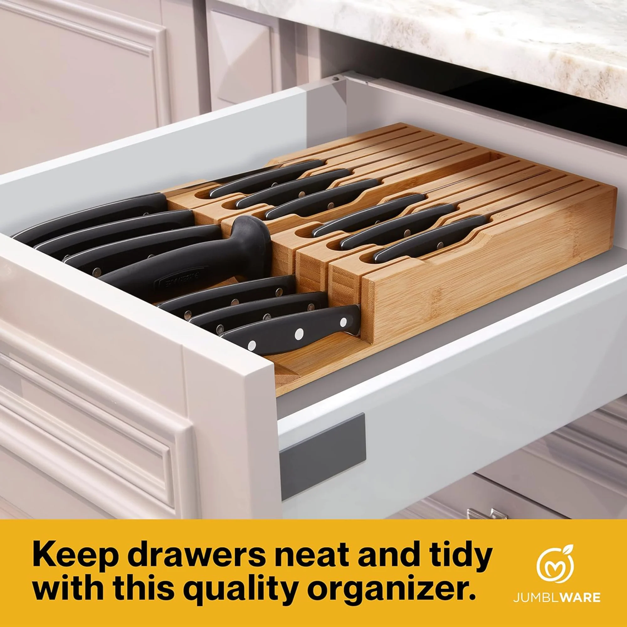 JumblWare Bamboo Knife Block, In-Drawer Knife Drawer Organizer Fits 16 Steak Knives & Sharpener - Image 6