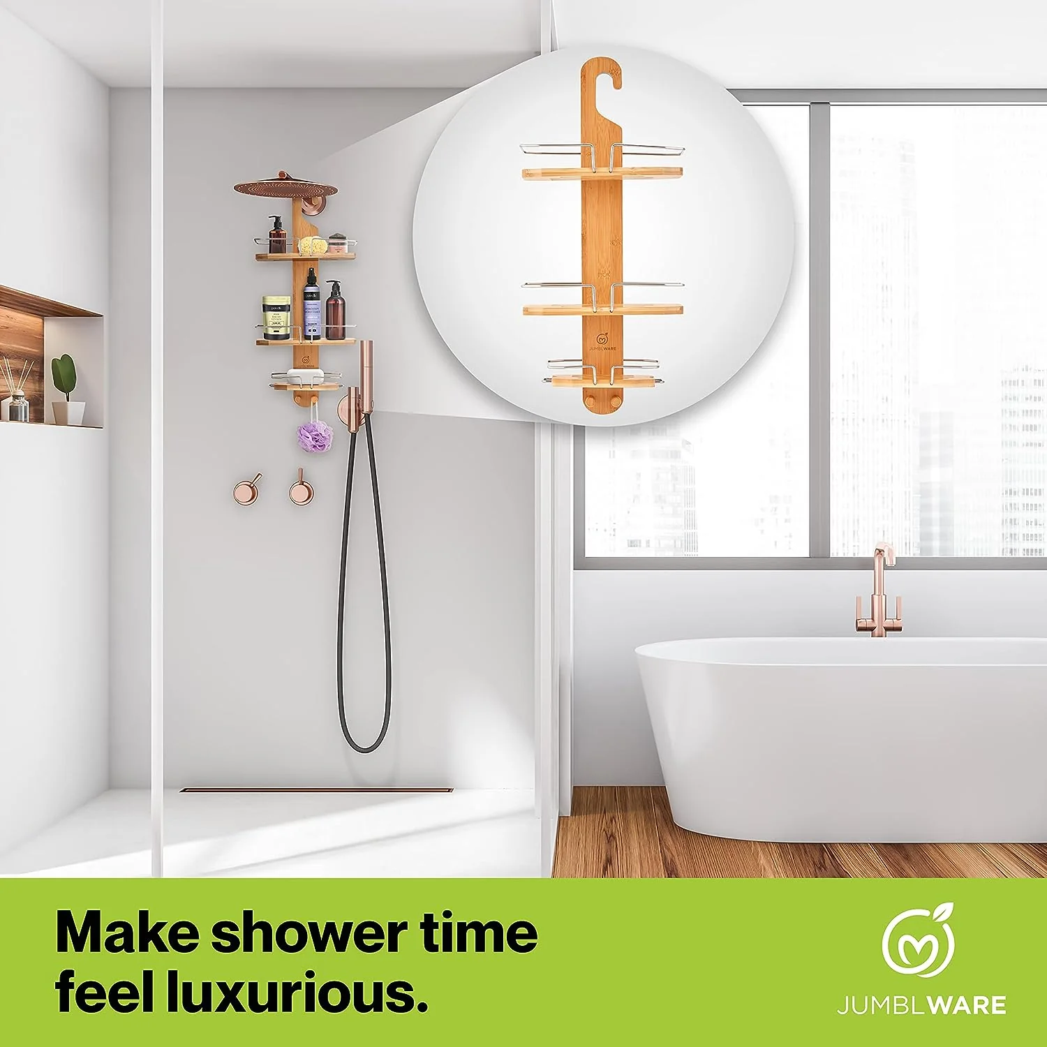 JumblWare Bamboo Shower Caddy, Hanging 3-Tier Suction Cup Shower Organizer with Holder & Hooks - Image 4