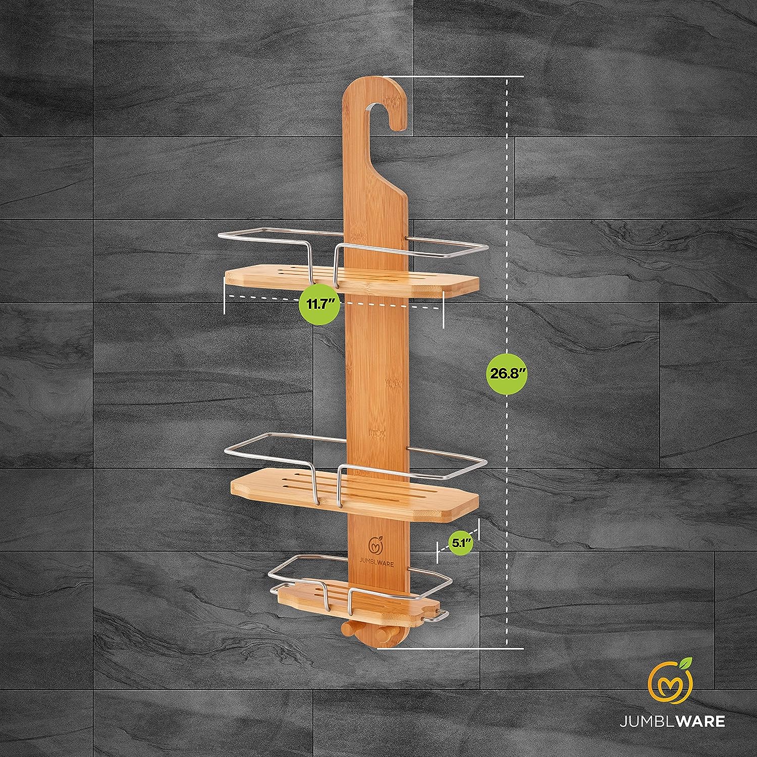 JumblWare Bamboo Shower Caddy, Hanging 3-Tier Suction Cup Shower Organizer with Holder & Hooks - Image 5