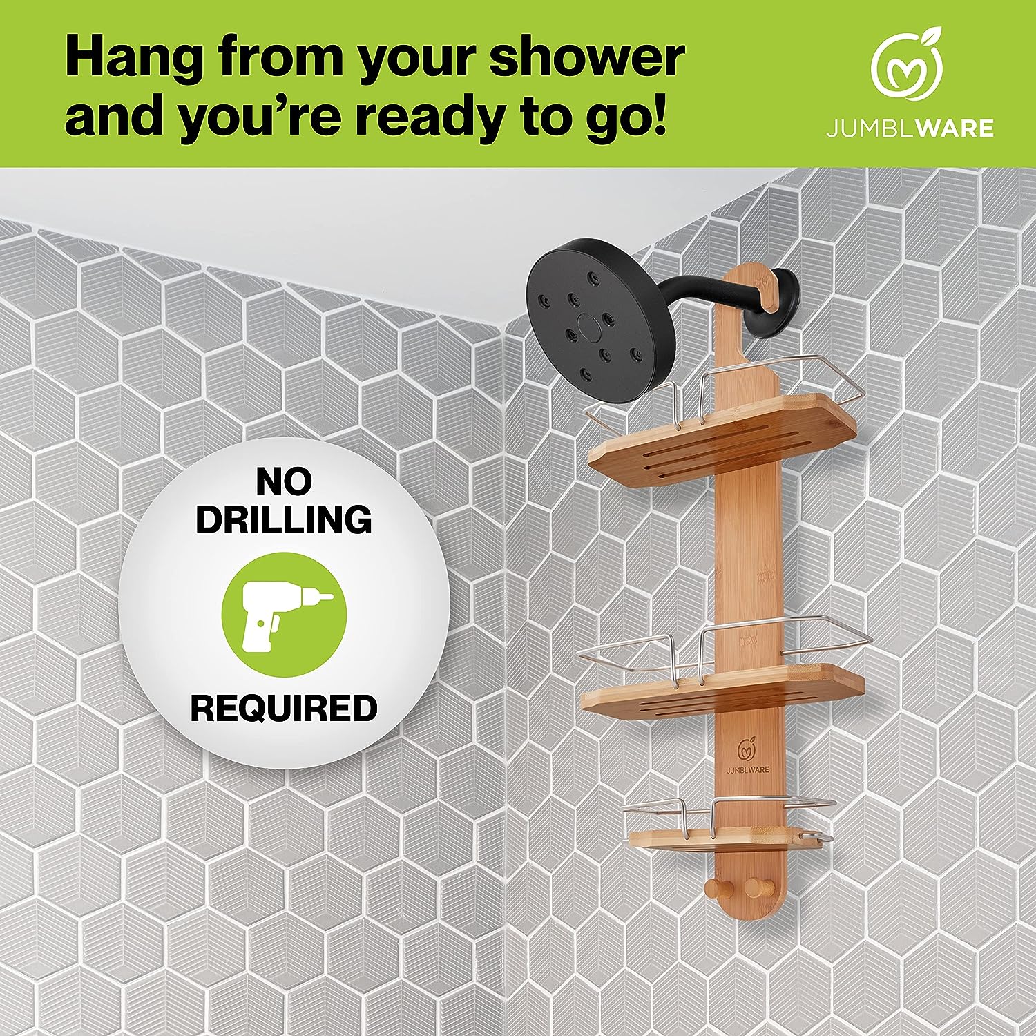 JumblWare Bamboo Shower Caddy, Hanging 3-Tier Suction Cup Shower Organizer with Holder & Hooks - Image 6
