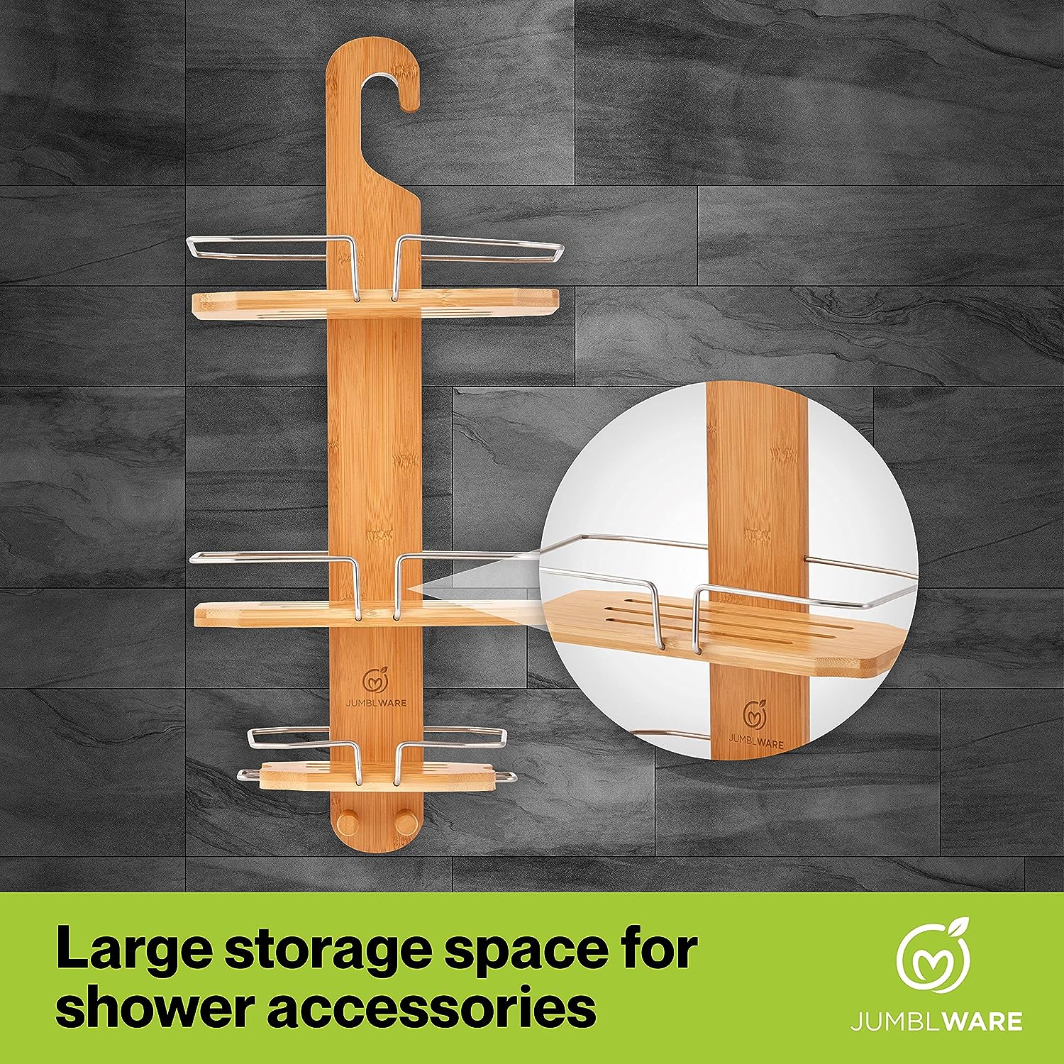 JumblWare Bamboo Shower Caddy, Hanging 3-Tier Suction Cup Shower Organizer with Holder & Hooks - Image 7