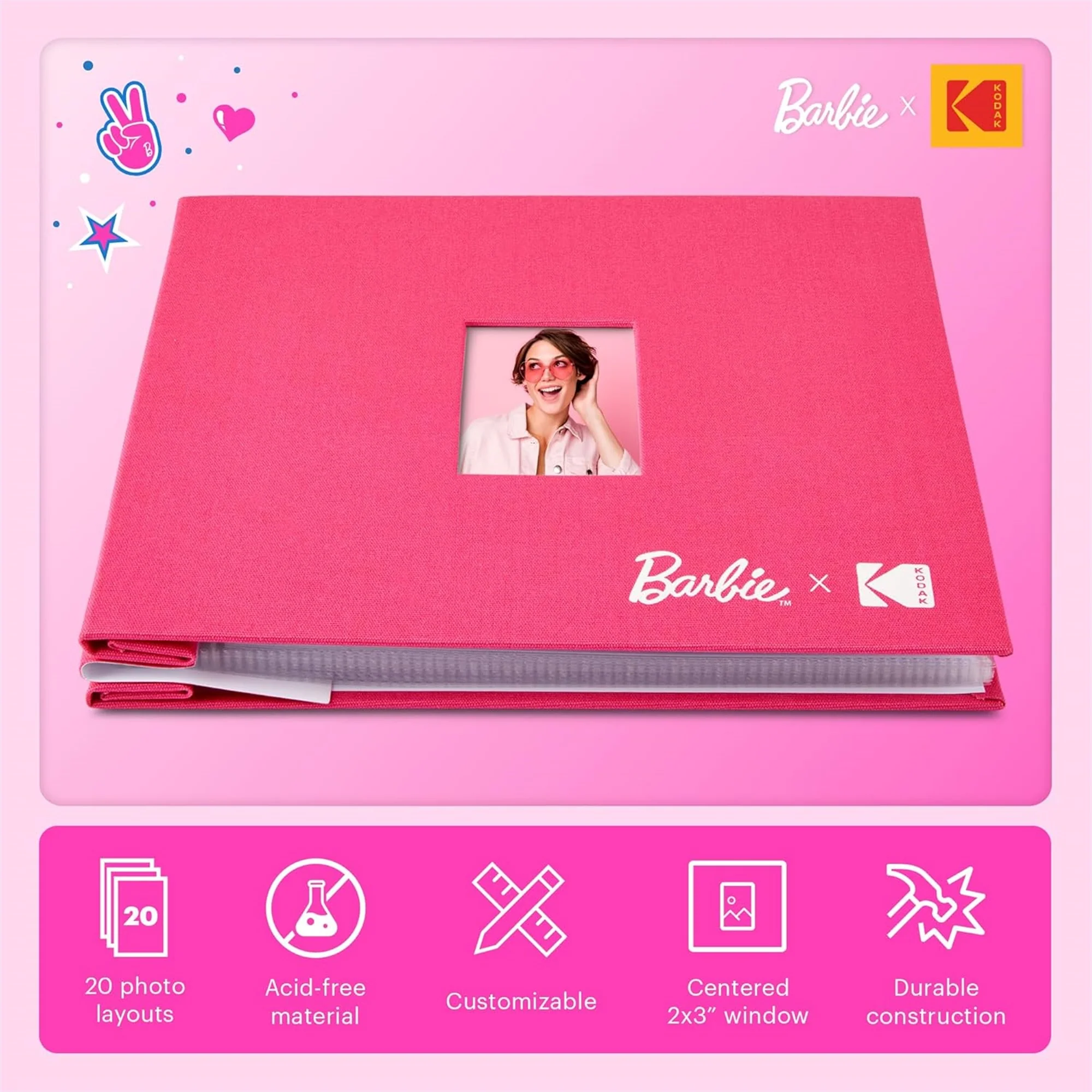 Barbie x Kodak Pink 8x8” Cloth Covered Scrapbook Photo Album with Front Picture Window - Image 2