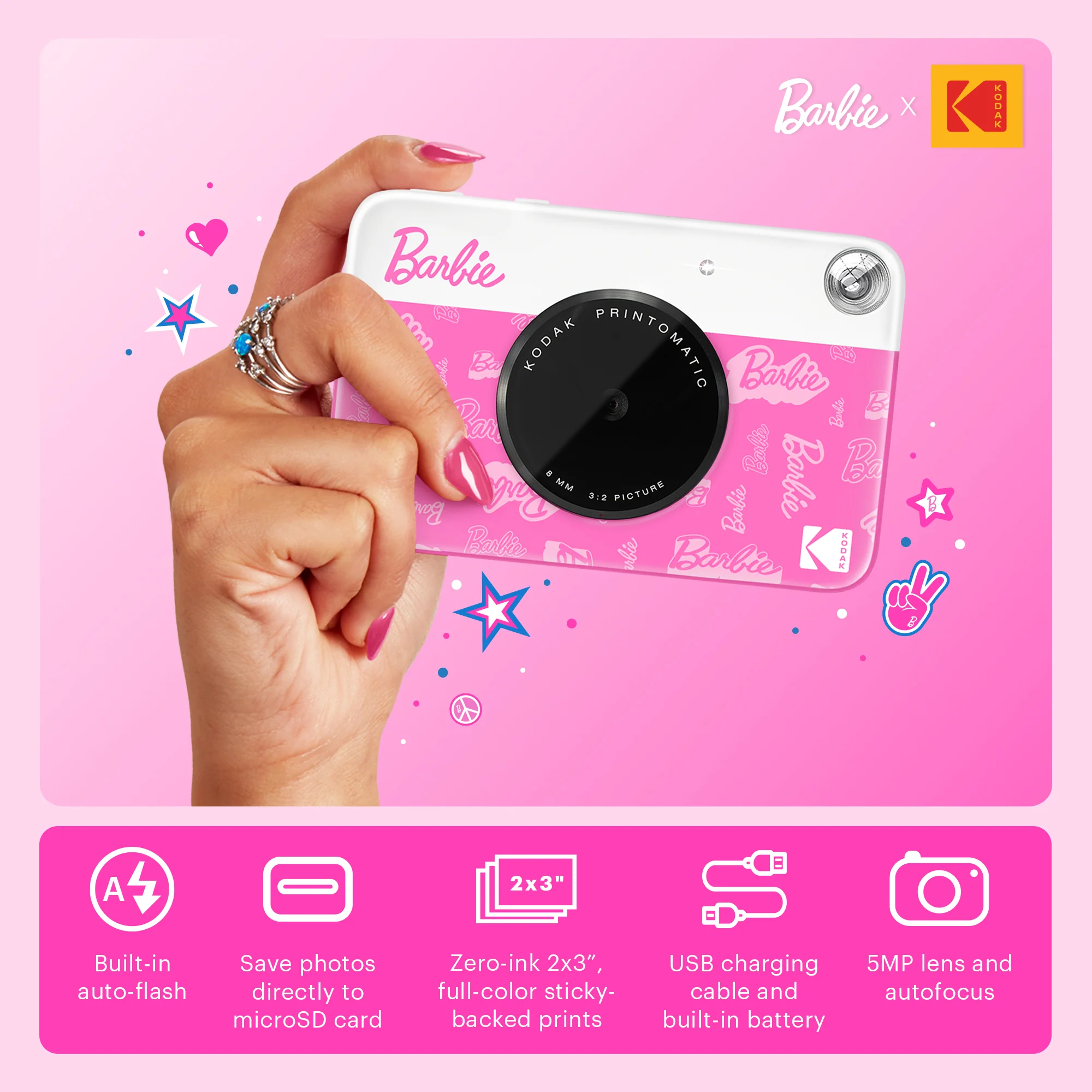 Barbie x Kodak Printomatic 2x3” Instant Print Camera, 5MP Portable Instant Camera - Signature Style - Image 2