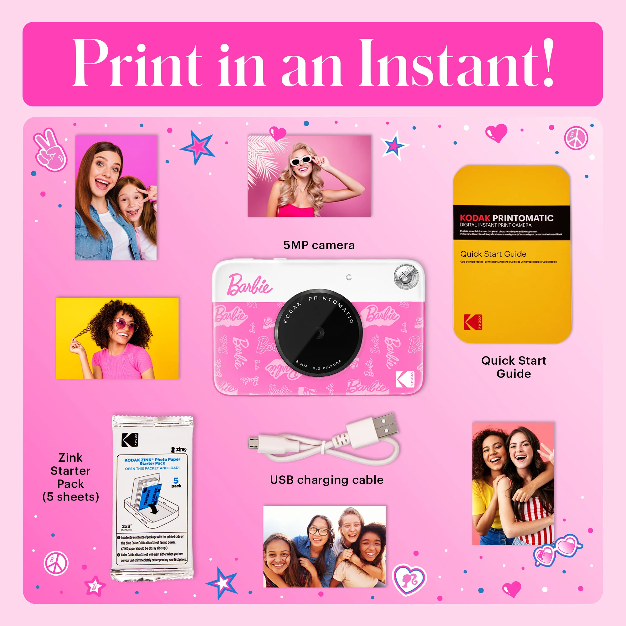 Barbie x Kodak Printomatic 2x3” Instant Print Camera, 5MP Portable Instant Camera - Signature Style - Image 3