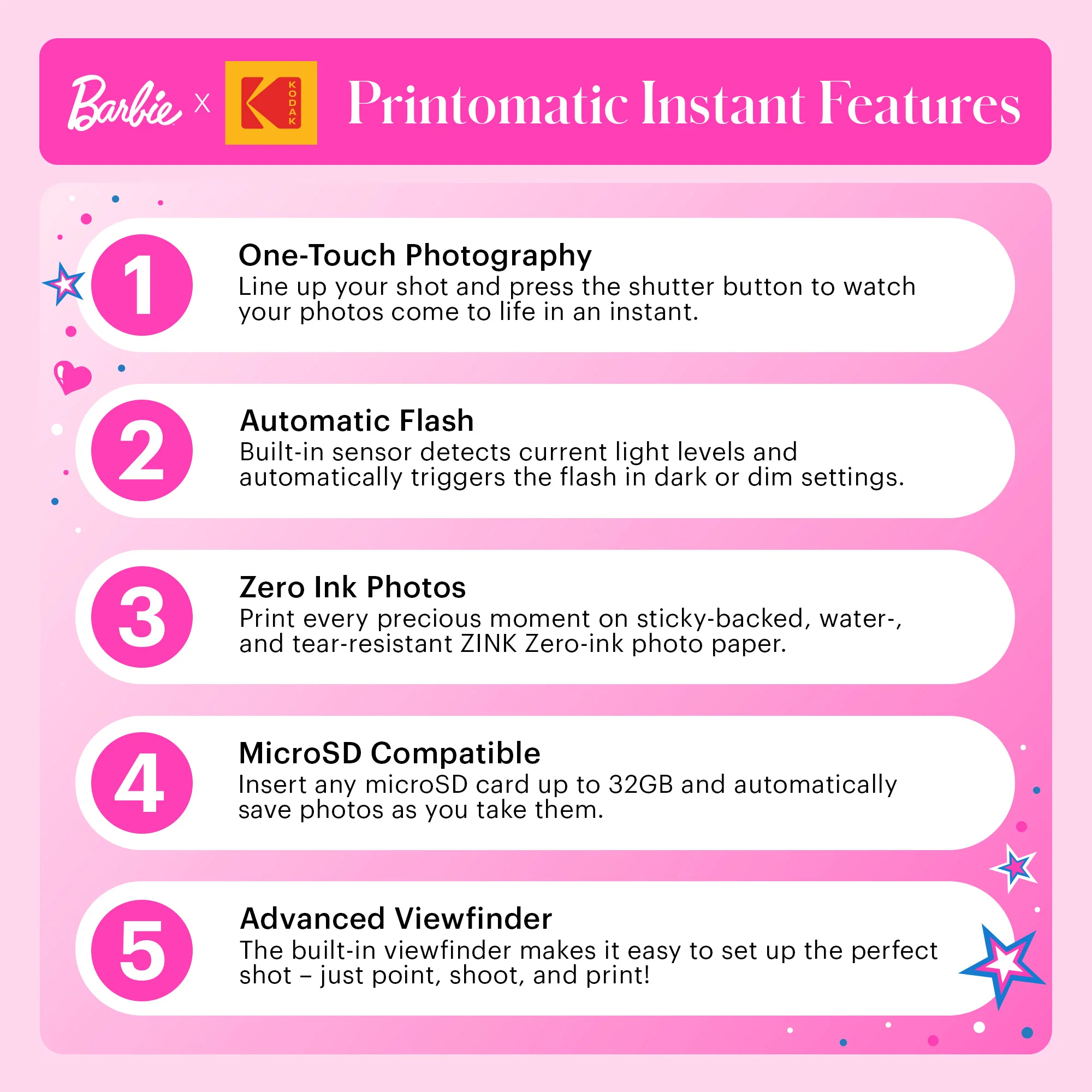 Barbie x Kodak Printomatic 2x3” Instant Print Camera, 5MP Portable Instant Camera - Signature Style - Image 6