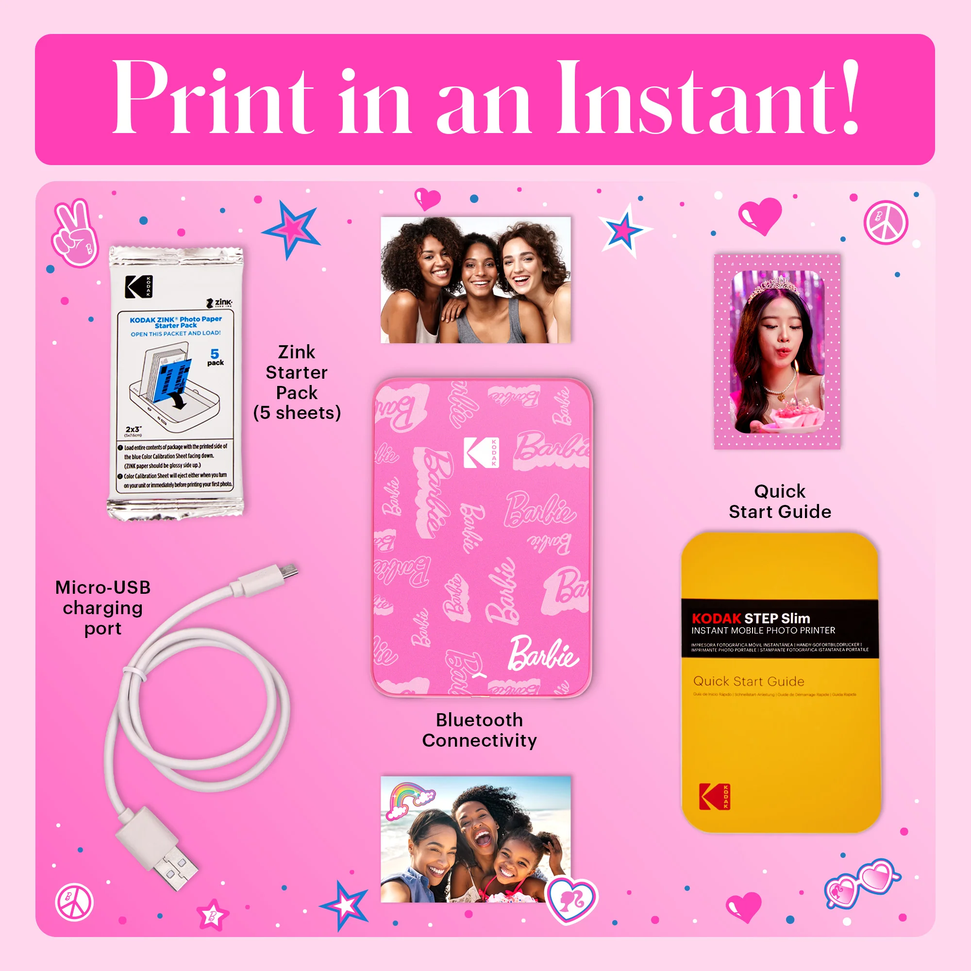 Barbie x Kodak Step Slim Wireless Instant Portable Photo Printer, 2x3" Full Color Instant Photo Printer - Image 3