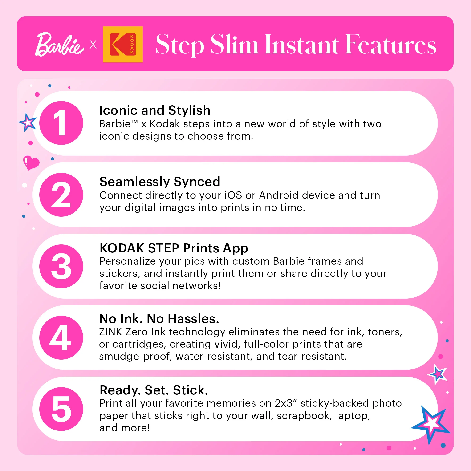 Barbie x Kodak Step Slim Wireless Instant Portable Photo Printer, 2x3" Full Color Instant Photo Printer - Image 6