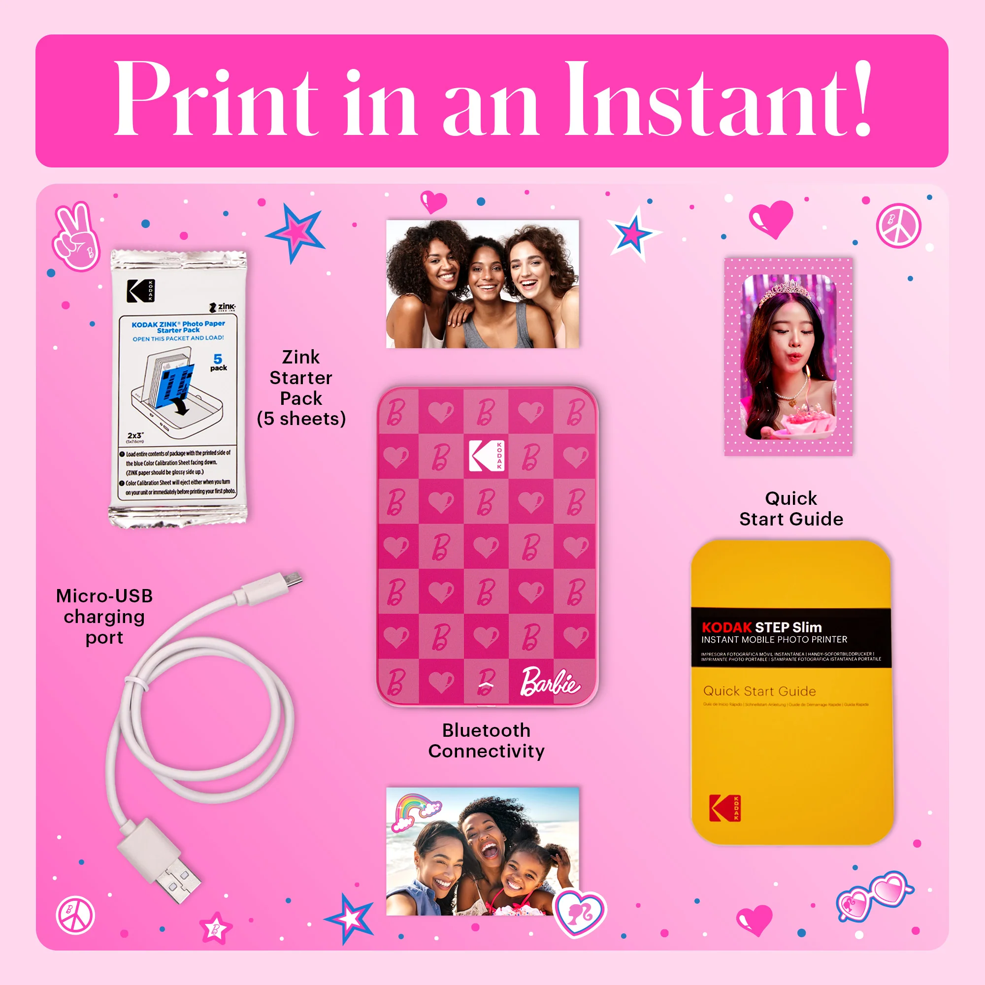 Barbie x Kodak Step Slim Wireless Instant Portable Photo Printer, 2x3" Full Color Portable Printer - Image 3