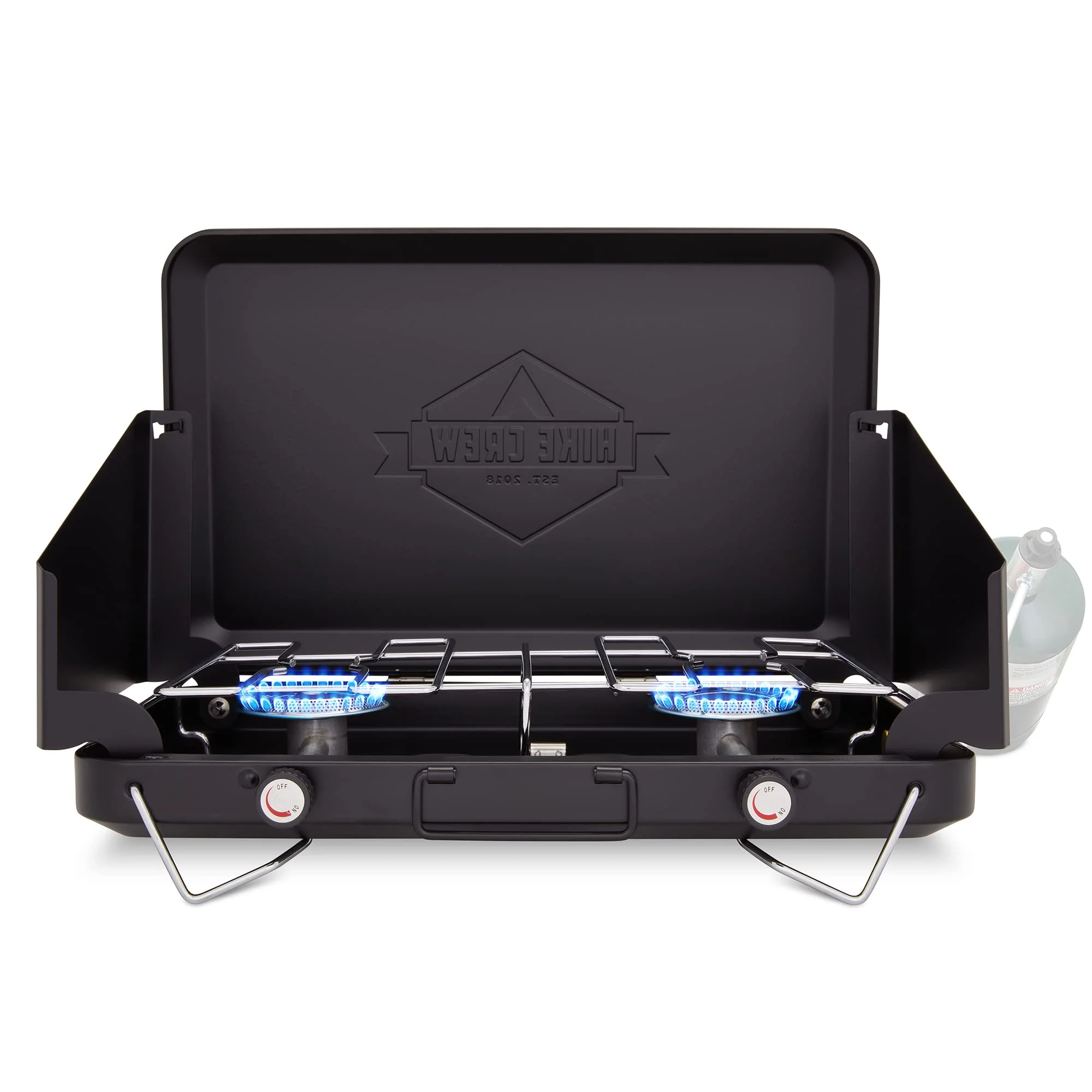 2 Propane Burner Camping Stove, Portable Stove W/ Integrated Igniter, Handle & Wind Panels, Black