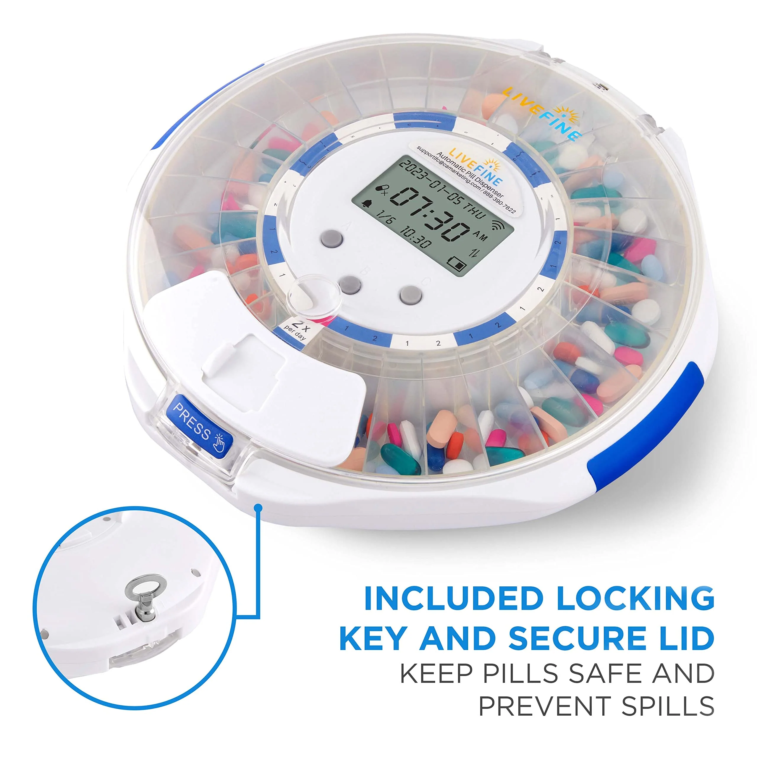 LiveFine Smart WiFi Automatic Pill Dispenser, 28-Day Pill Organizer with Lock Key & App - Clear Lid - Image 6