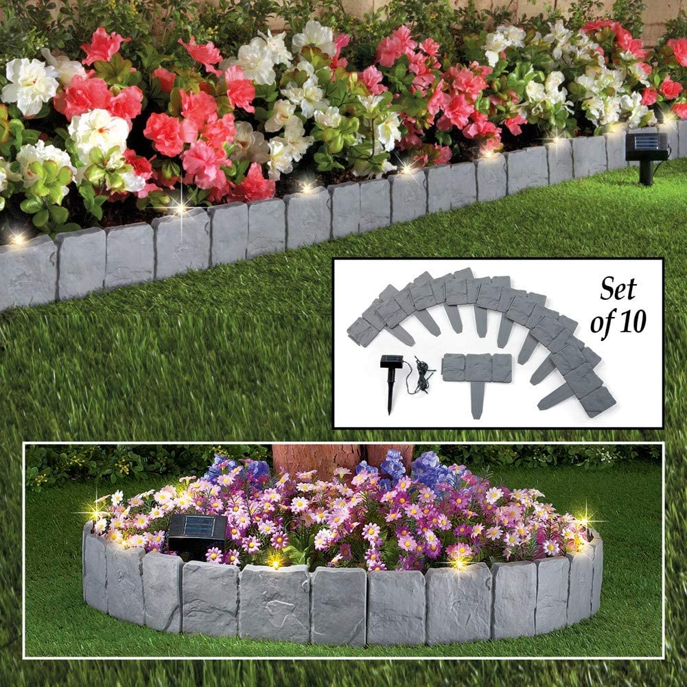 Decorative 10 Piece Stone Effect Solar Garden Border Fence