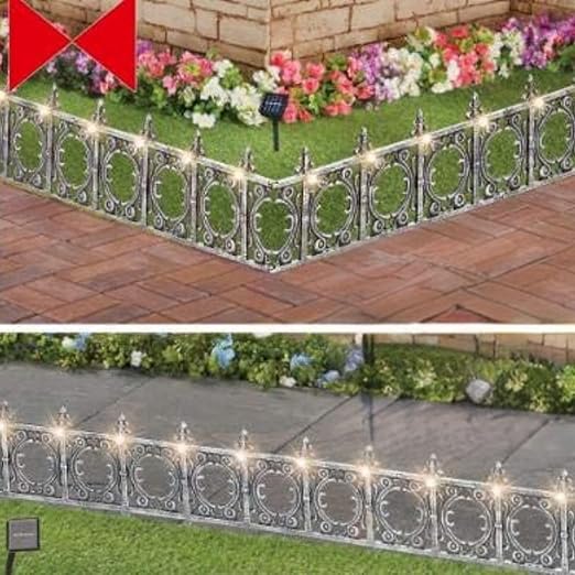 Decorative 4 Piece Solar Wrought Iron Metal Look Garden Border Fence