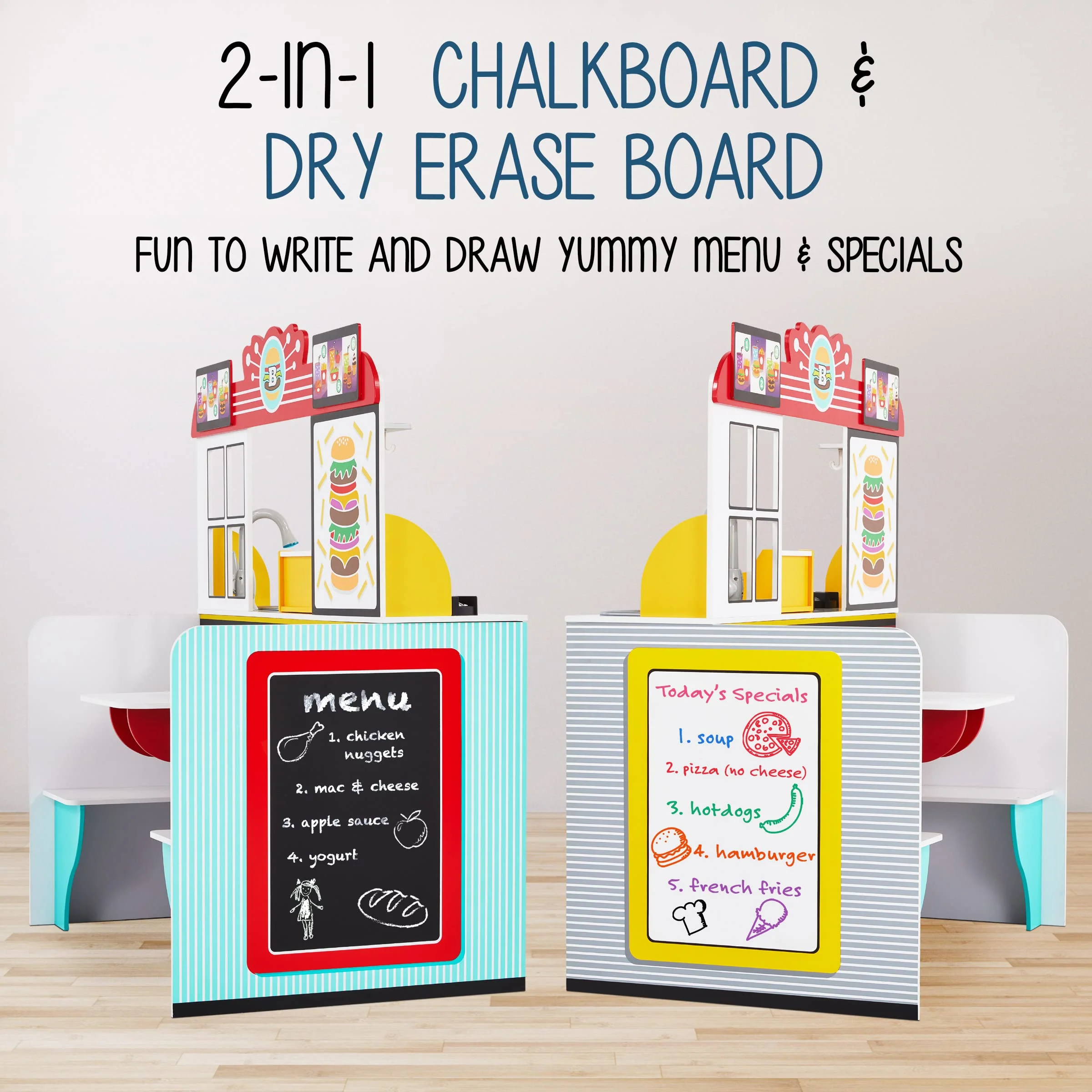 Lil’ Jumbl Double-Sided Restaurant Pretend Play Set, Wooden Diner Set with Sounds & Accessories - Image 6