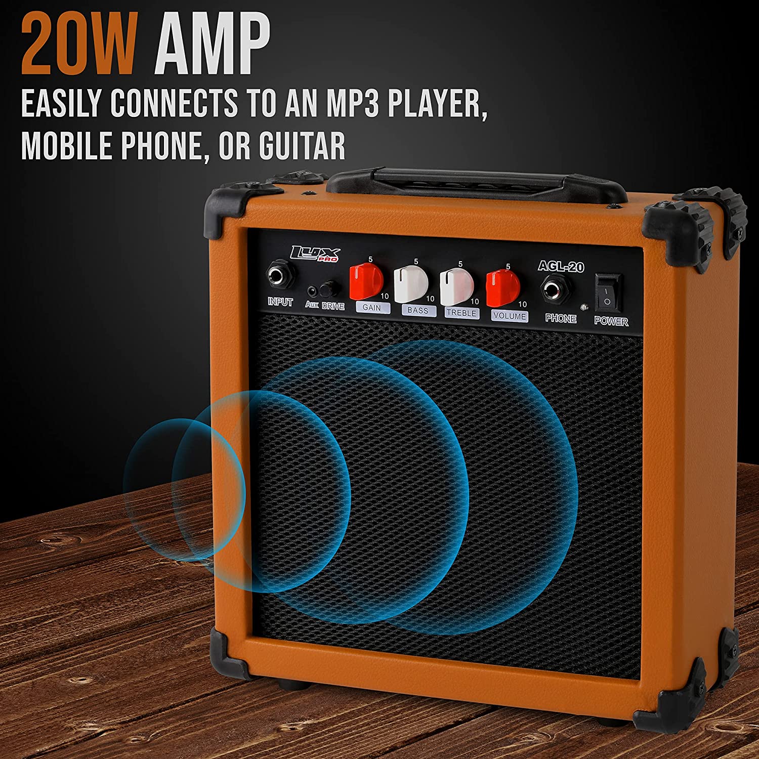 Electric Guitar Amp 20 Watt Amplifier Built In Speaker Headphone Jack And Aux Input Includes Gain Bass Treble Volume And Grind - Image 12