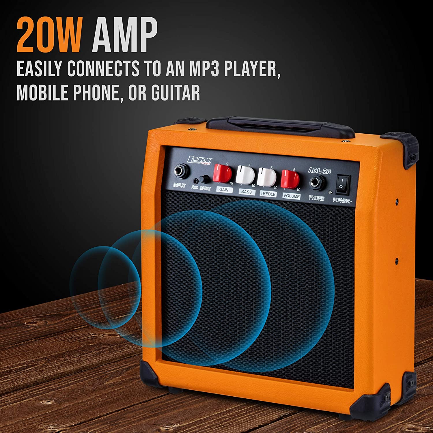 Electric Guitar Amp 20 Watt Amplifier Built In Speaker Headphone Jack And Aux Input Includes Gain Bass Treble Volume And Grind - Image 35