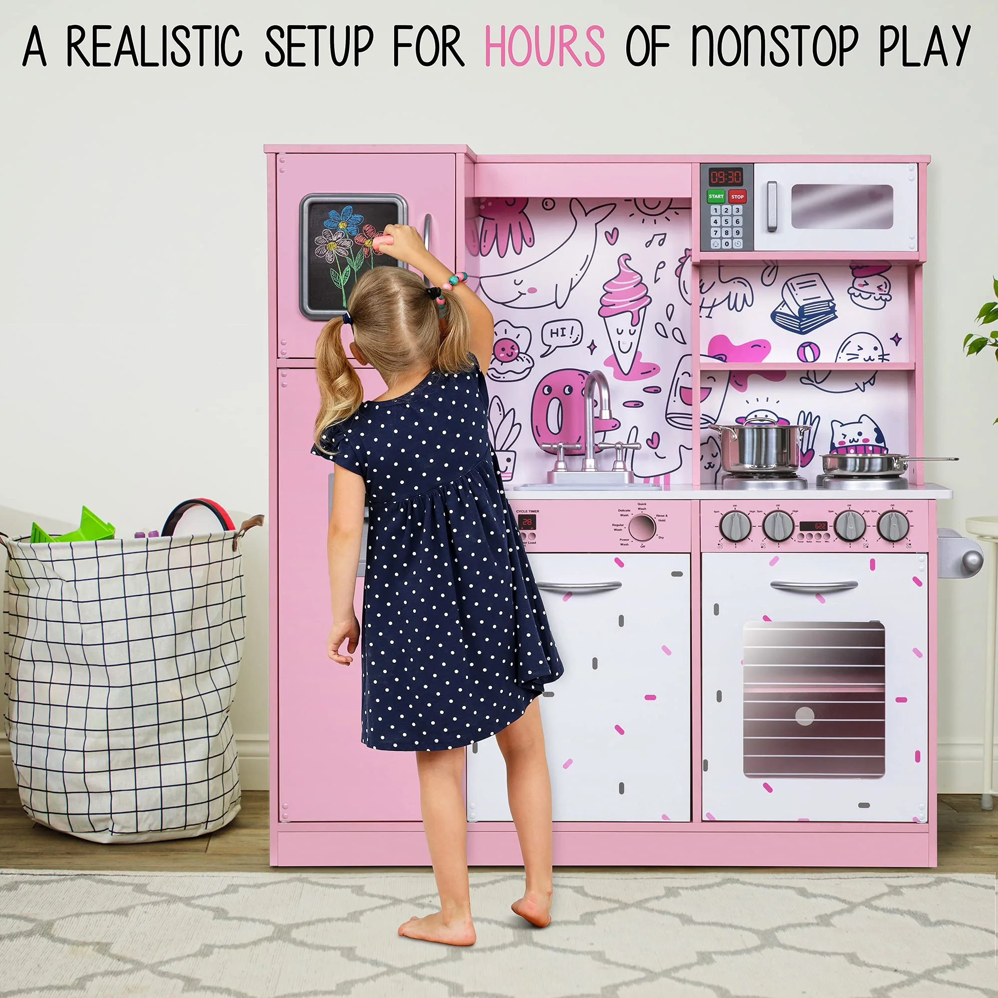 Lil' Jumbl Kids Kitchen Set, Wooden Pretend Play Kitchen with Sounds & Accessories - Pink Emoji - Image 5