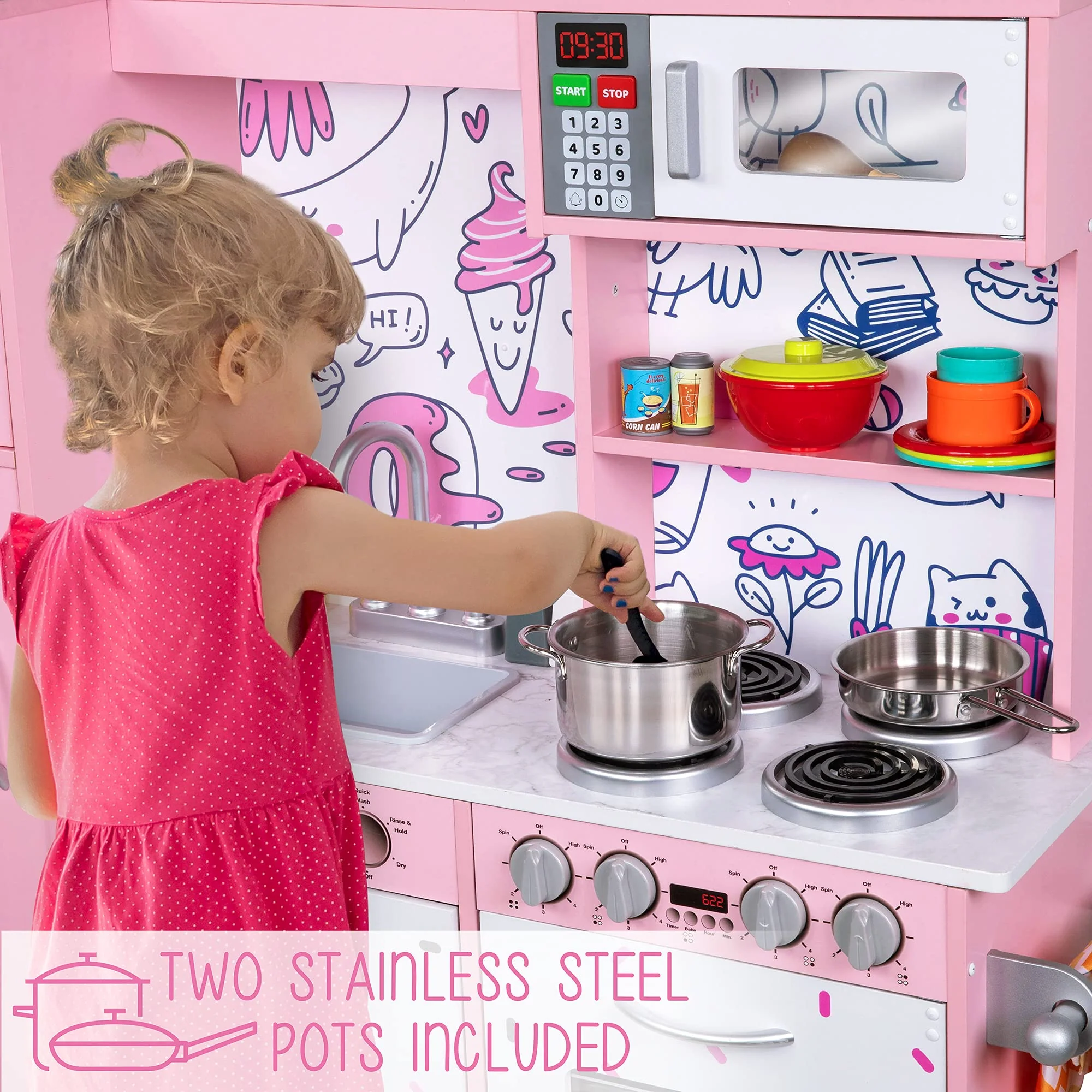 Lil' Jumbl Kids Kitchen Set, Wooden Pretend Play Kitchen with Sounds & Accessories - Pink Emoji - Image 6