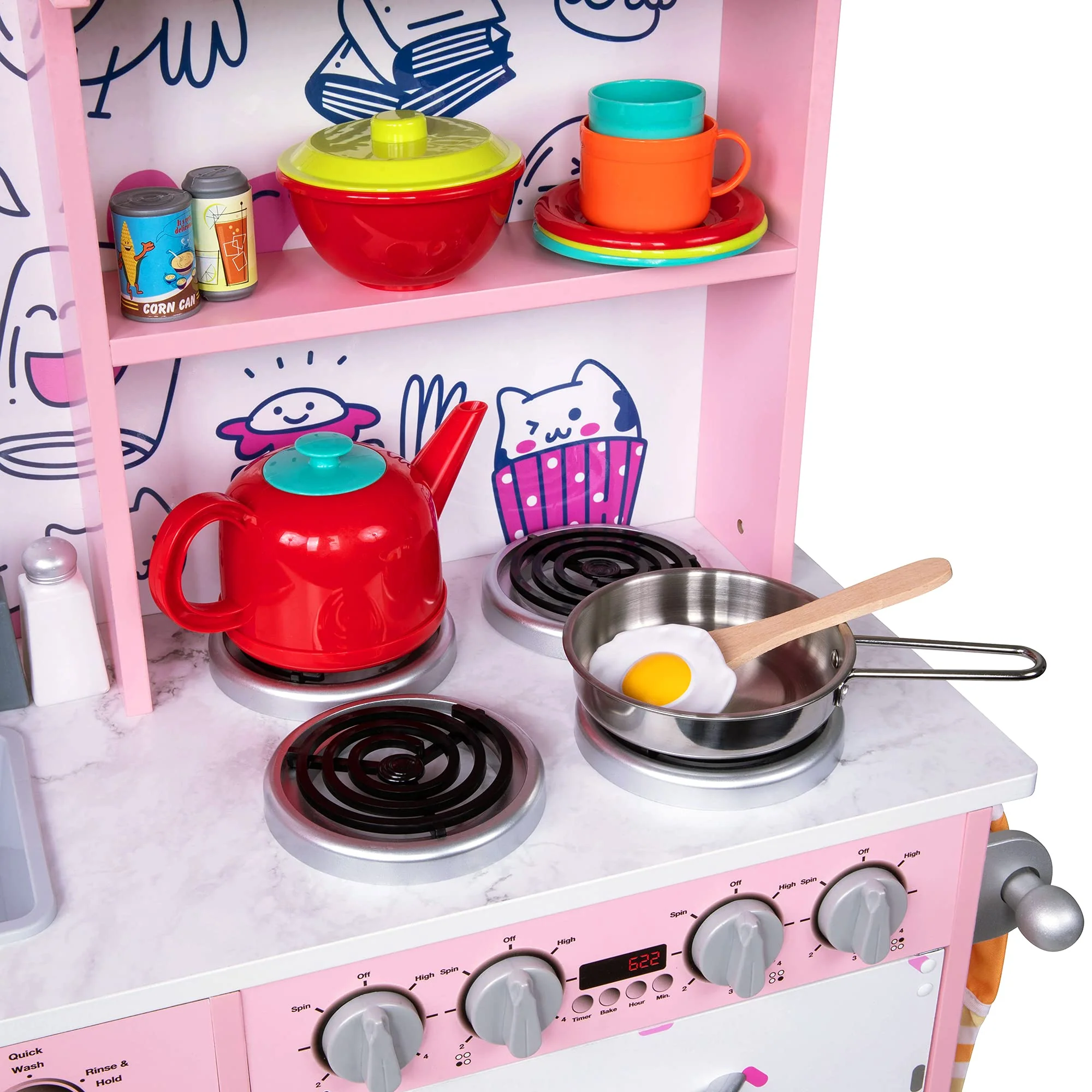 Lil' Jumbl Kids Kitchen Set, Wooden Pretend Play Kitchen with Sounds & Accessories - Pink Emoji - Image 8