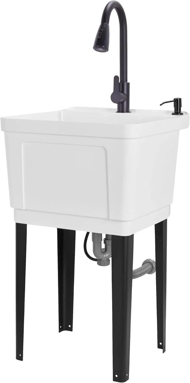 Freestanding Utility Sink with Pull-Down Faucet, Laundry Room Sink w/Gooseneck Sprayer & More - Image 9