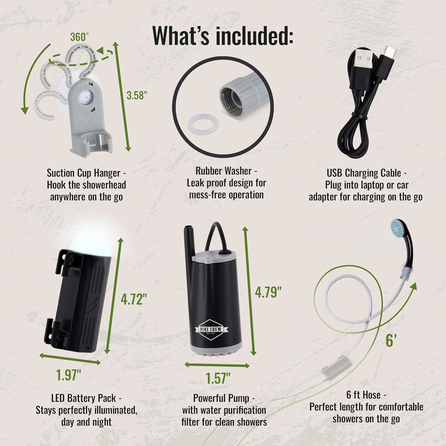 Hike Crew Battery-Operated Camping Shower w/LED Light, Outdoor Handheld Portable Shower for Camping - Image 3