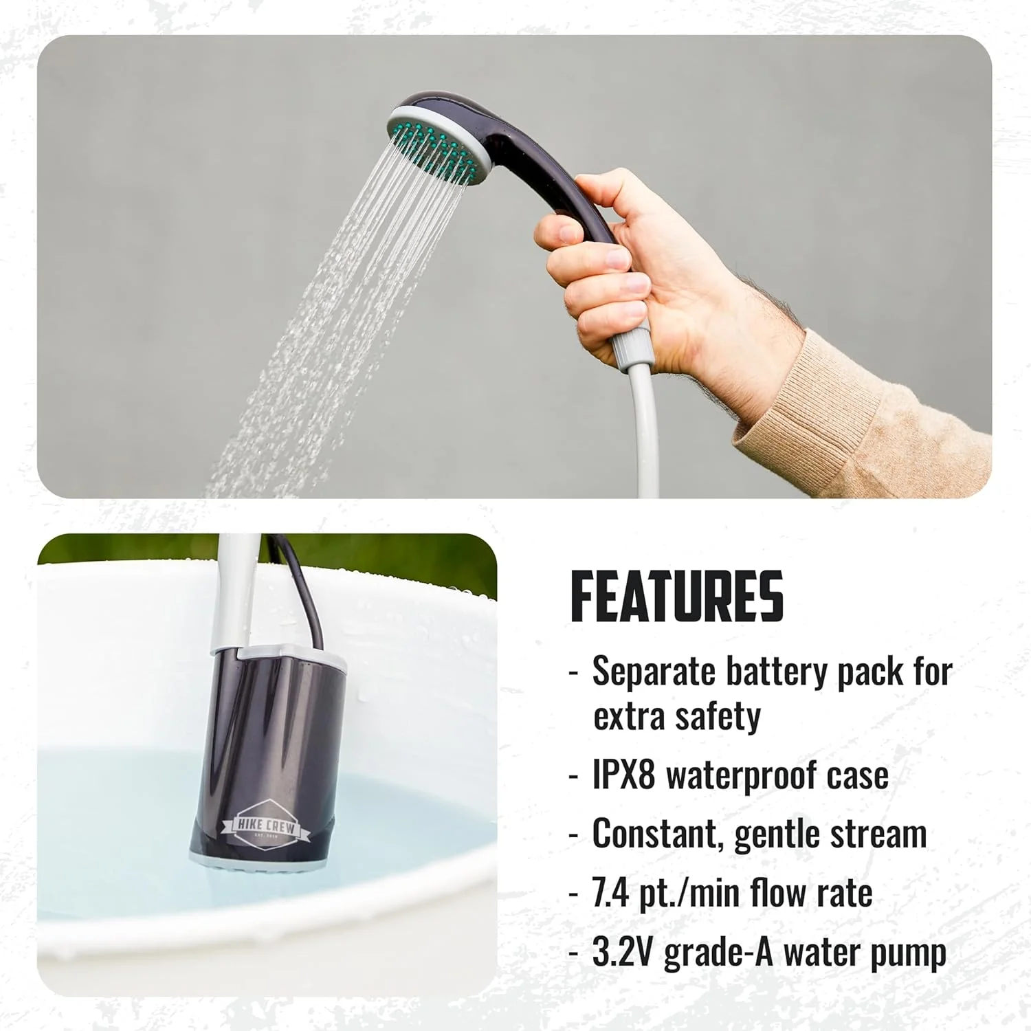 Hike Crew Battery-Operated Camping Shower w/LED Light, Outdoor Handheld Portable Shower for Camping - Image 5
