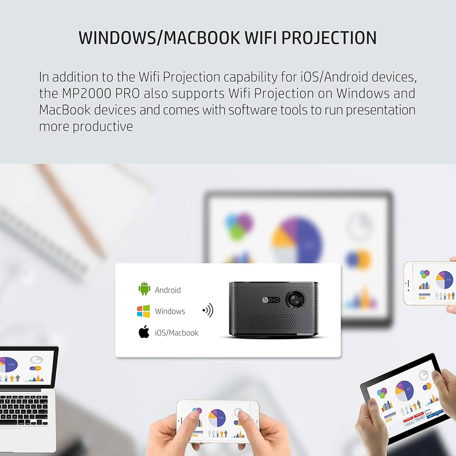 HP 1080P Projector MP2000 PRO, 650 ANSI Lumens , Wireless Home Projector w/Auto Focus, Bluetooth & More! - Image 7