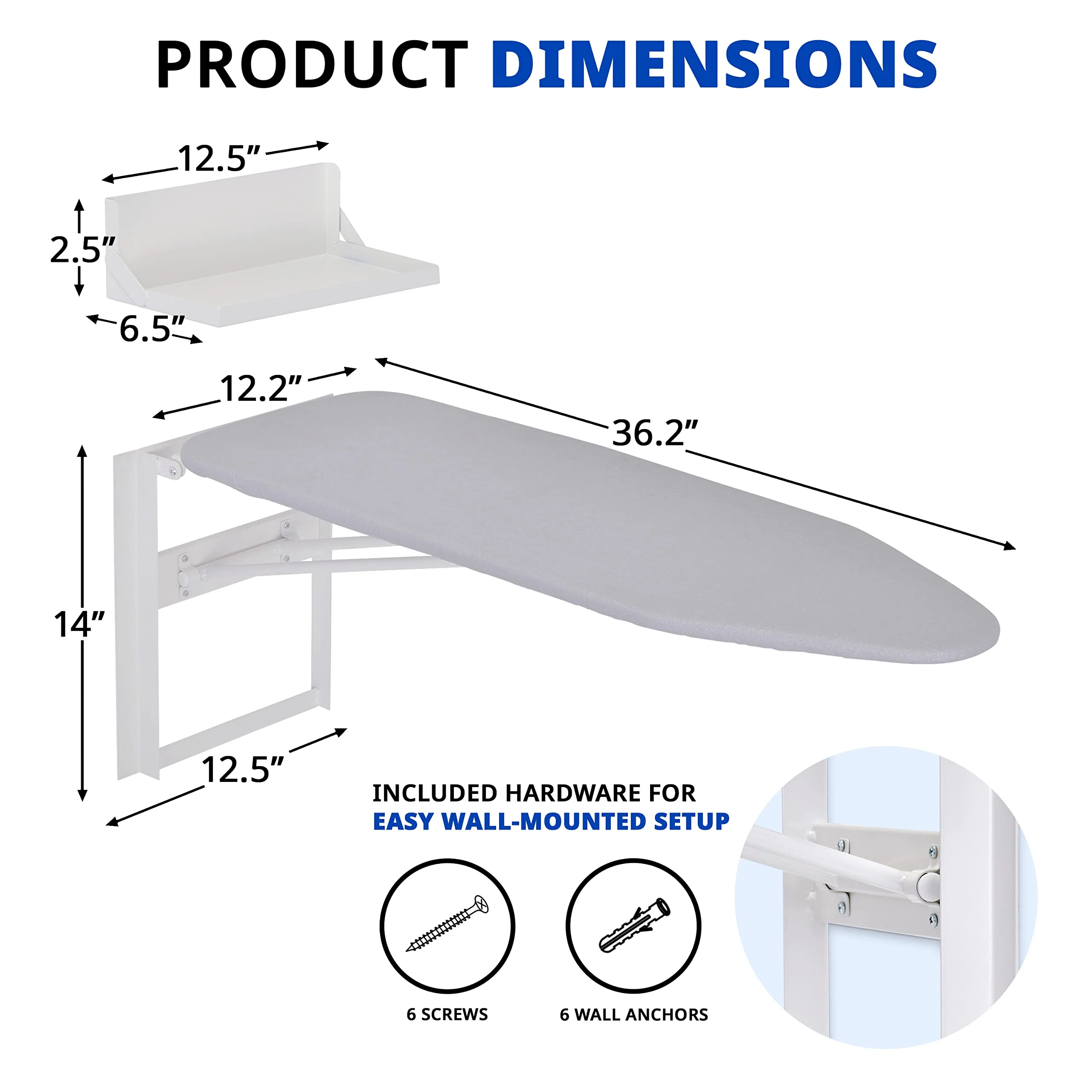 Ivation Wall Mounted Ironing Board, 36.2” x 12.2” Fold Down Iron Board with Storage Shelf - Image 7