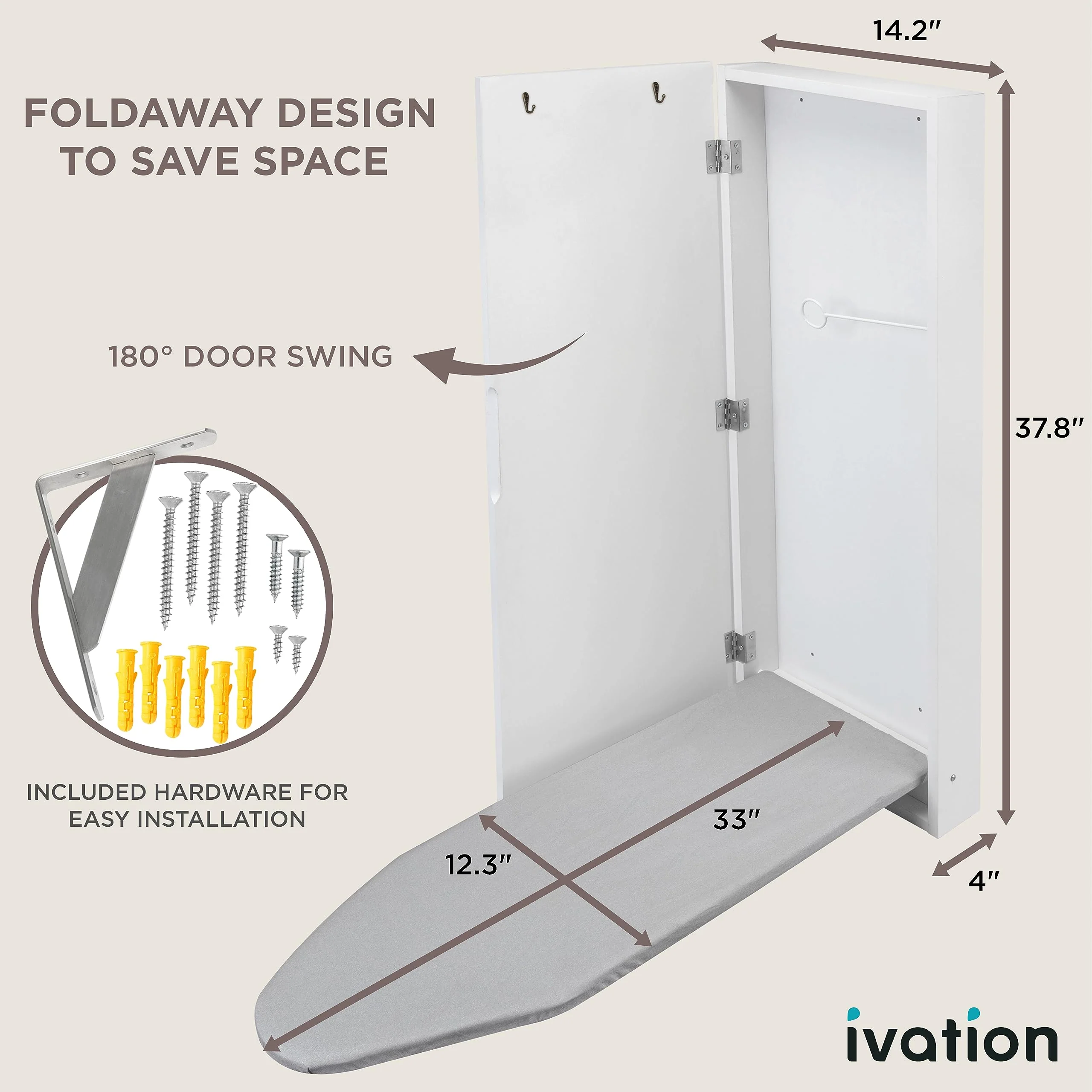 Ironing Board, Wall Mounted Ironing Board Cabinet W/Left Side Door, Mirror & Lever, White - Image 2