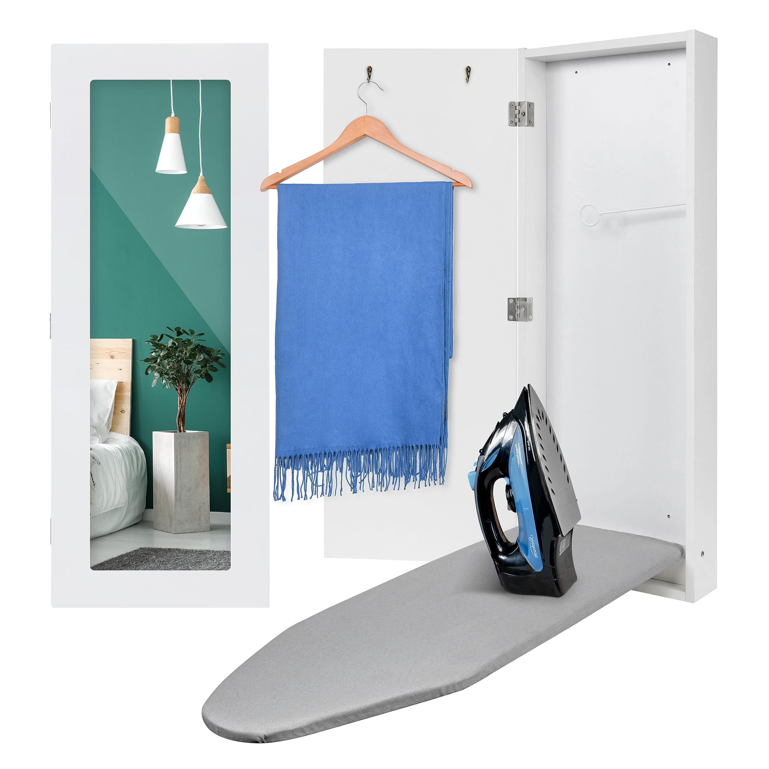 Ironing Board, Wall Mounted Ironing Board Cabinet W/Left Side Door, Mirror & Lever, White - Image 6