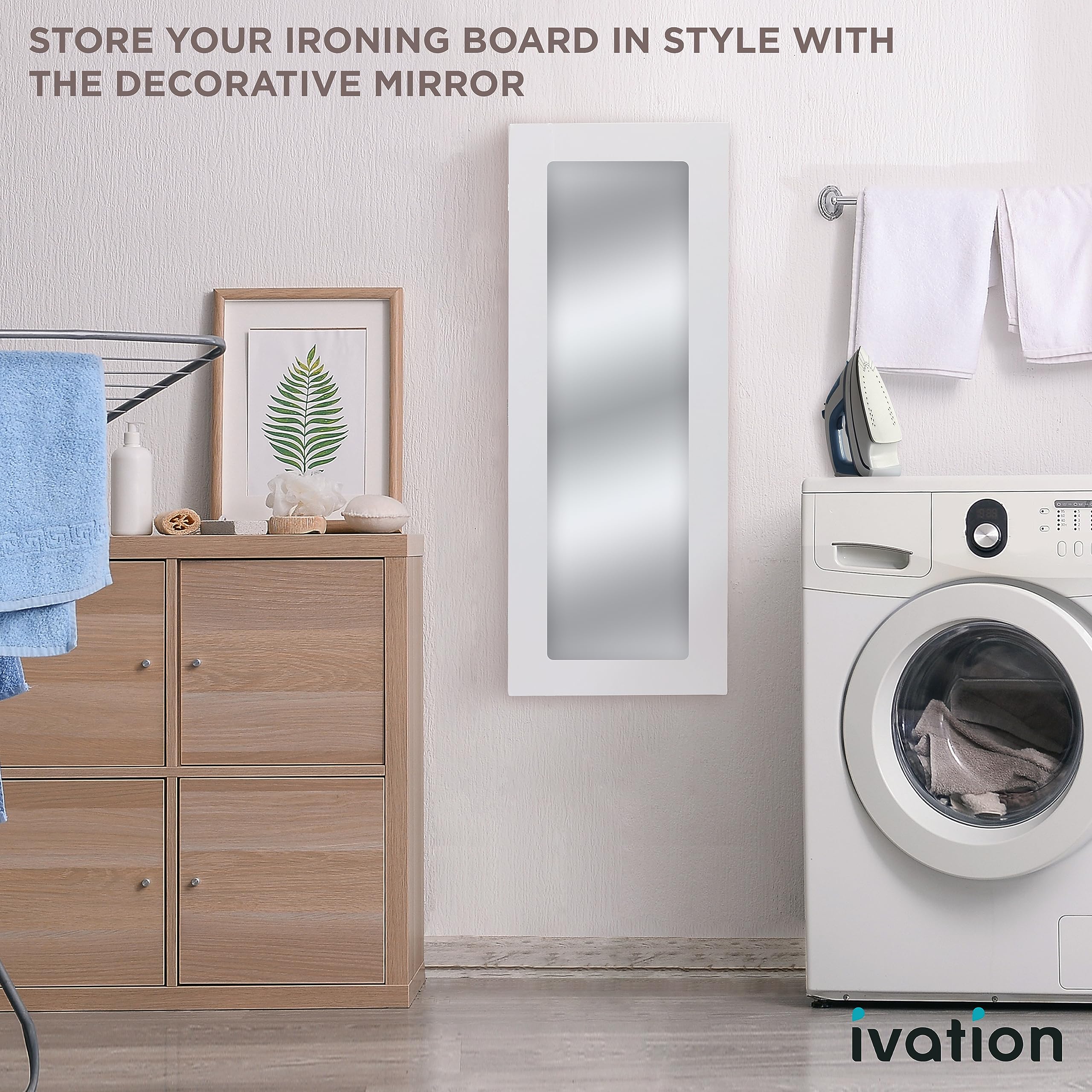 Ironing Board, Wall Mounted Ironing Board Cabinet W/Left Side Door, Mirror & Lever, White - Image 7
