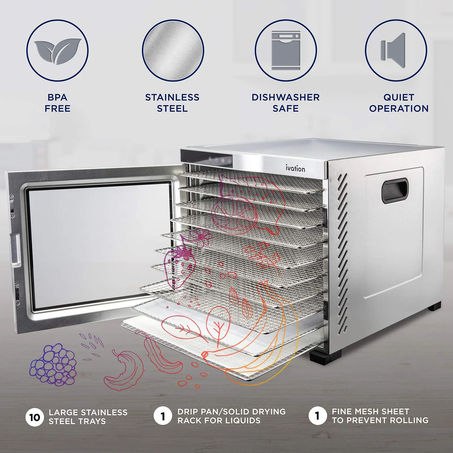 Ivation 10-Tray, 1000W Food Dehydrator with Digital Timer and Temperature Control - Stainless Steel - Image 3