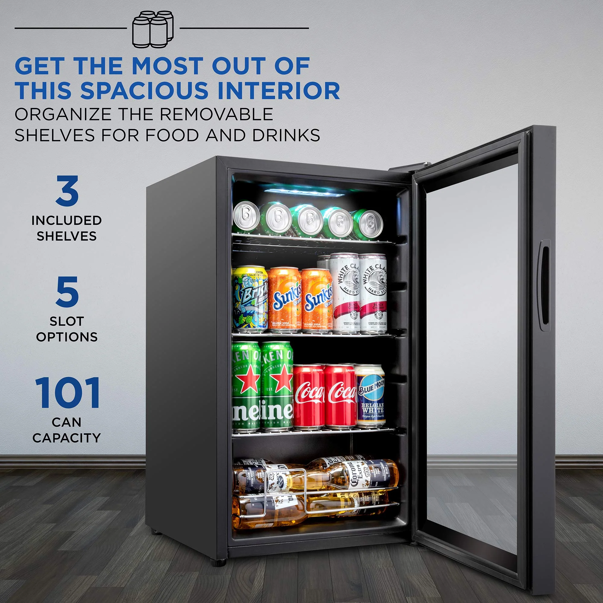 Ivation 101 Can Beverage Refrigerator, Freestanding Mini Fridge with Glass Door - Black - Image 3