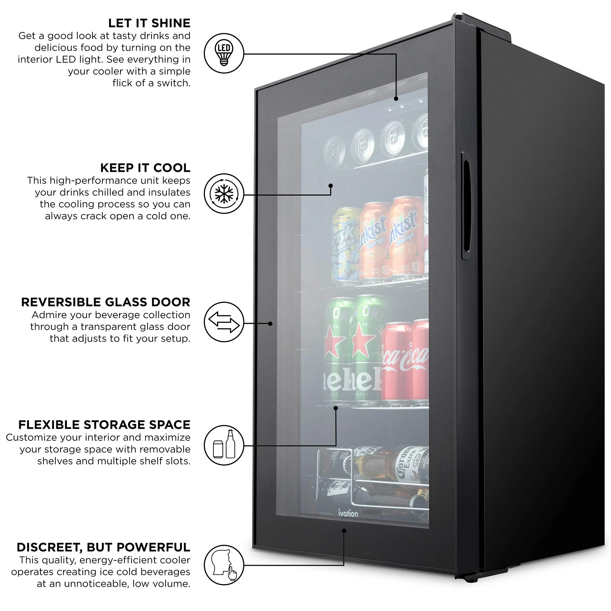 Ivation 101 Can Beverage Refrigerator, Freestanding Mini Fridge with Glass Door - Black - Image 5