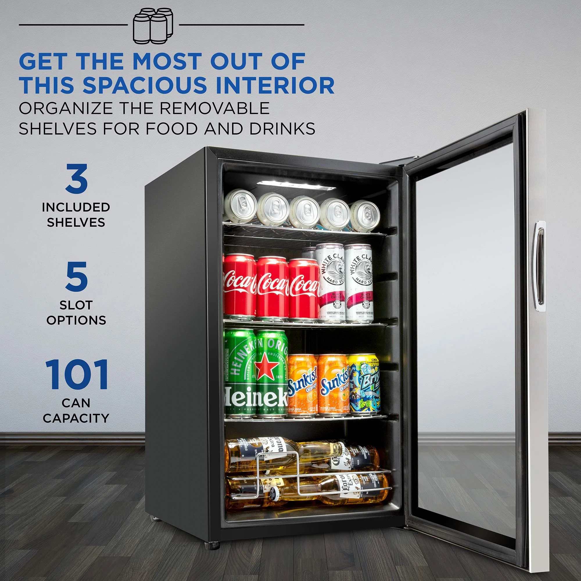 Ivation 101 Can Beverage Refrigerator, Freestanding Mini Fridge with Glass Door - Stainless Steel - Image 3