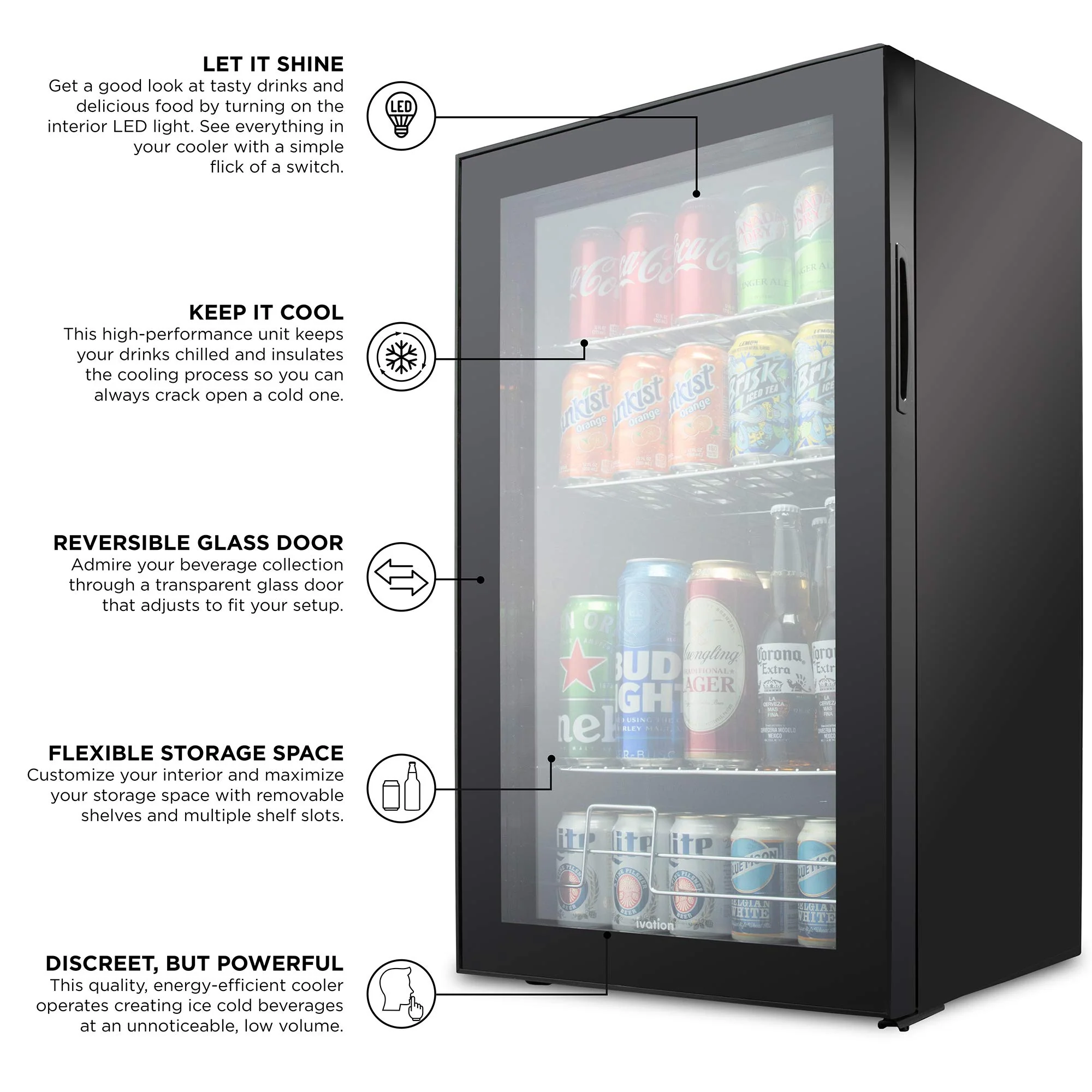 Ivation 126 Can Beverage Refrigerator, Freestanding Mini Fridge with Glass Door - Black - Image 5