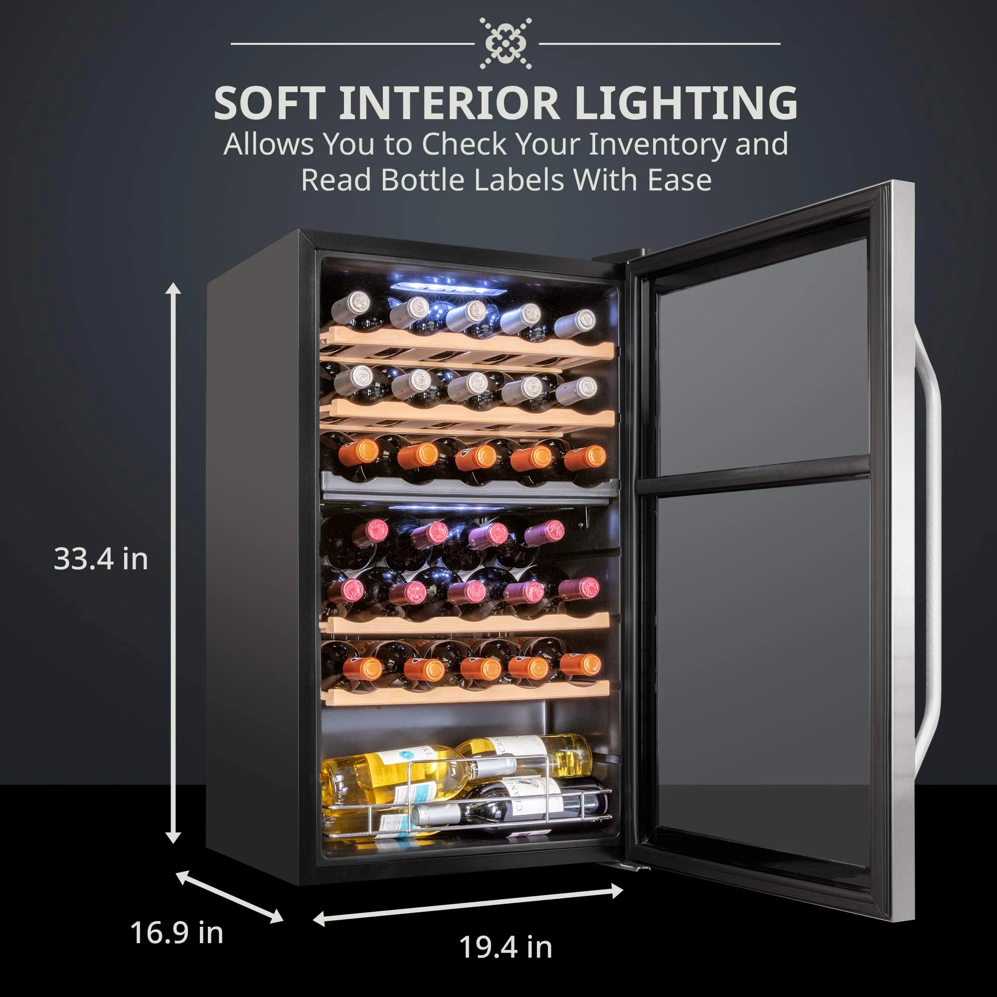 Ivation 33 Bottle Freestanding Wine Refrigerator, Dual Zone Wine Fridge with Lock, Stainless Steel - Image 3