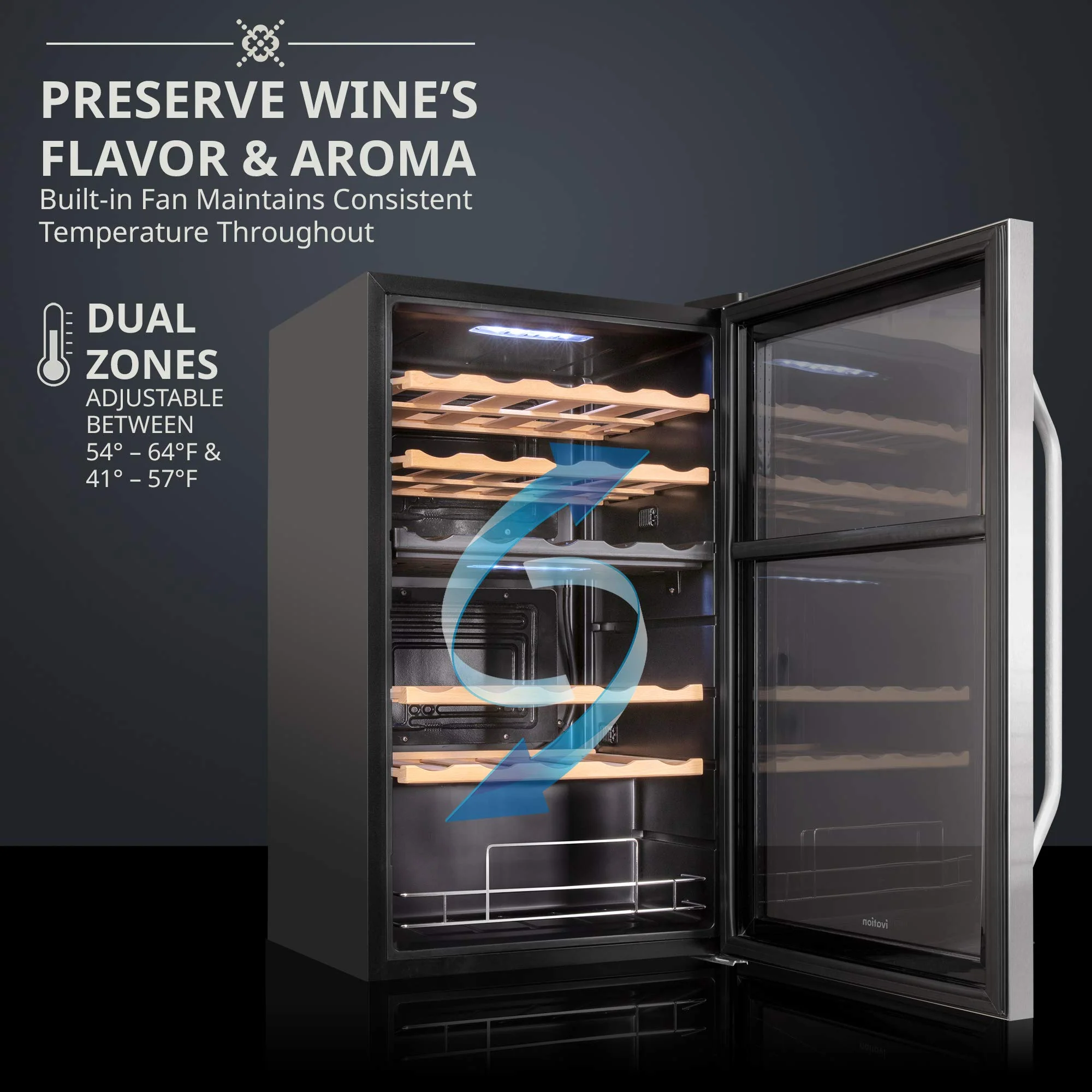 Ivation 33 Bottle Freestanding Wine Refrigerator, Dual Zone Wine Fridge with Lock, Stainless Steel - Image 5